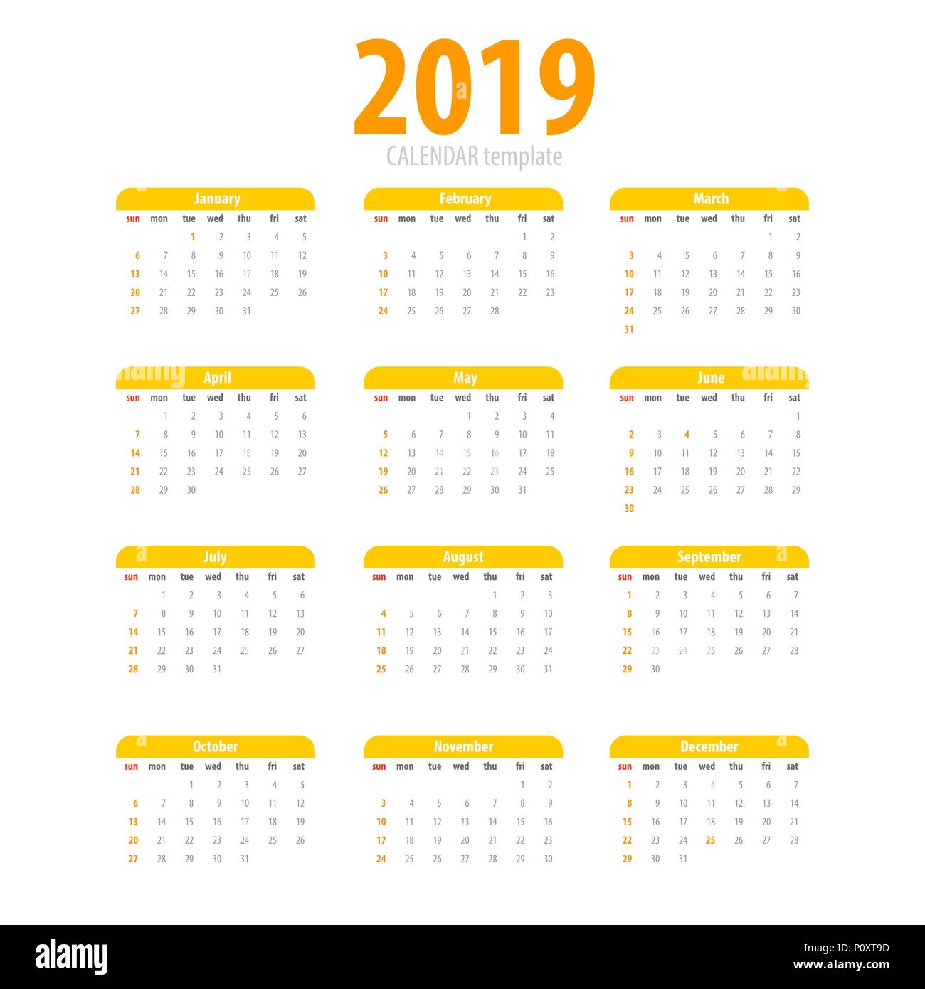 Druckbare Kalender 2019 einfache Vorlage Stock Vektor