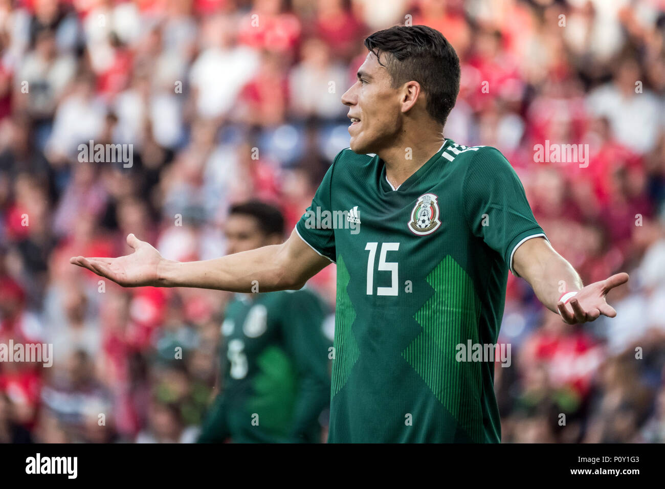 Dänemark, Bröndby - Juni 09., 2018. Hector Moreno (15) von Mexiko während der Fußball Freundschaftsspiel zwischen Dänemark und Mexiko in Brøndby Stadion gesehen. (Foto: Gonzales Foto - Kim M. Leland). Credit: Gonzales Foto/Alamy leben Nachrichten Stockfoto