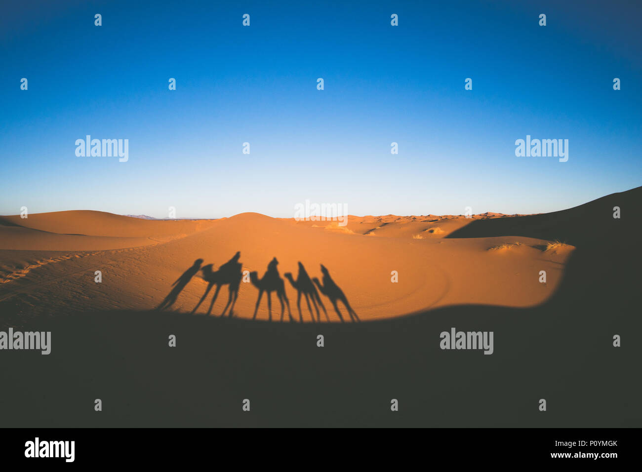 Vintage Bild von Touristen reiten Kamele in Wohnwagen in der Wüste Sahara mit Kamelen Schatten auf einem Sand Stockfoto