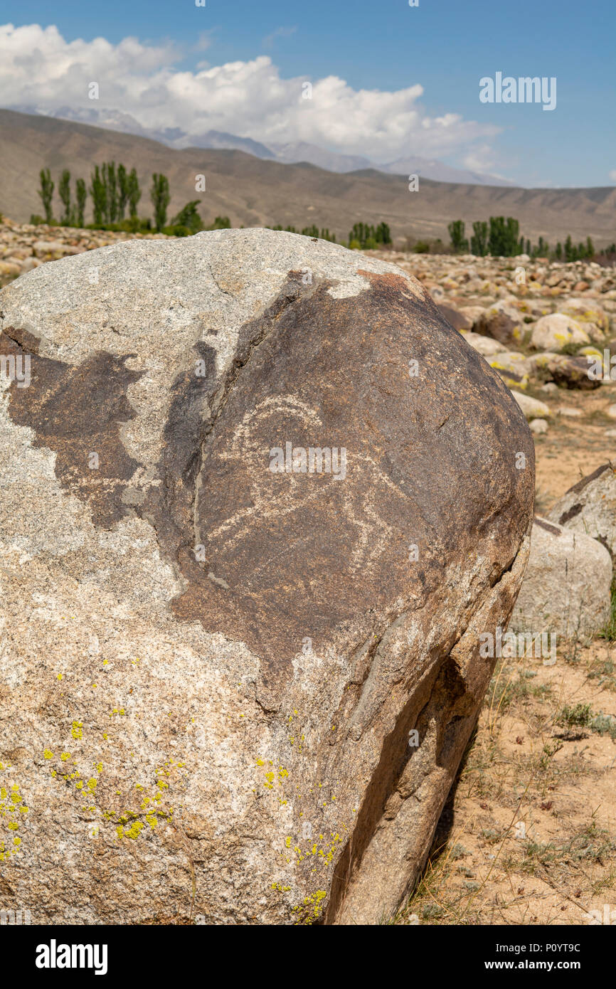 Petroglyph in Stein Garten, Cholpon Ata, Kirgisistan Stockfoto
