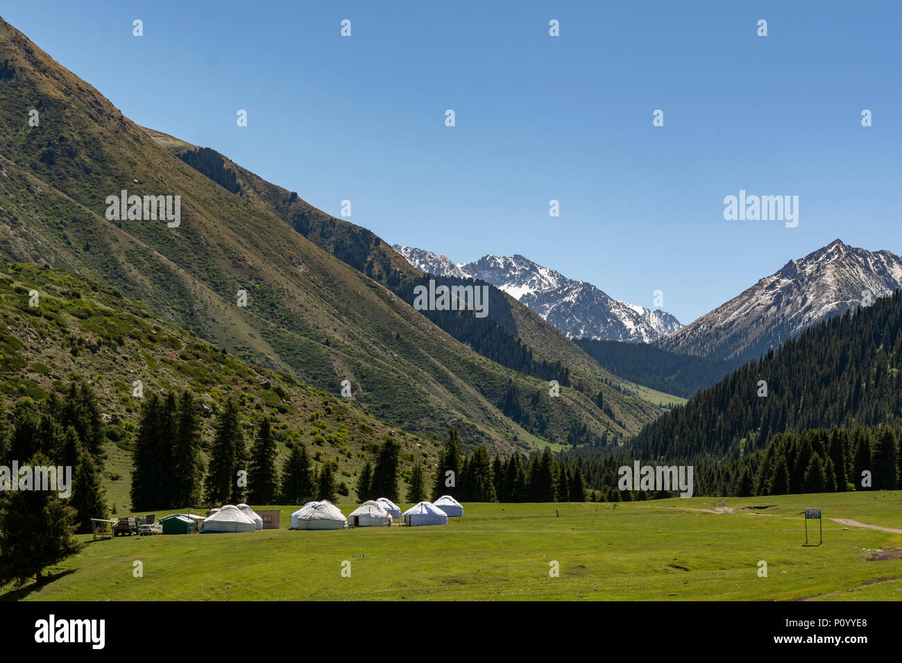 Pferd Landwirtschaft Jurten in Tal der Blumen, Jety Oguz Schlucht, in der Nähe von Karakol, Kirgisistan Stockfoto