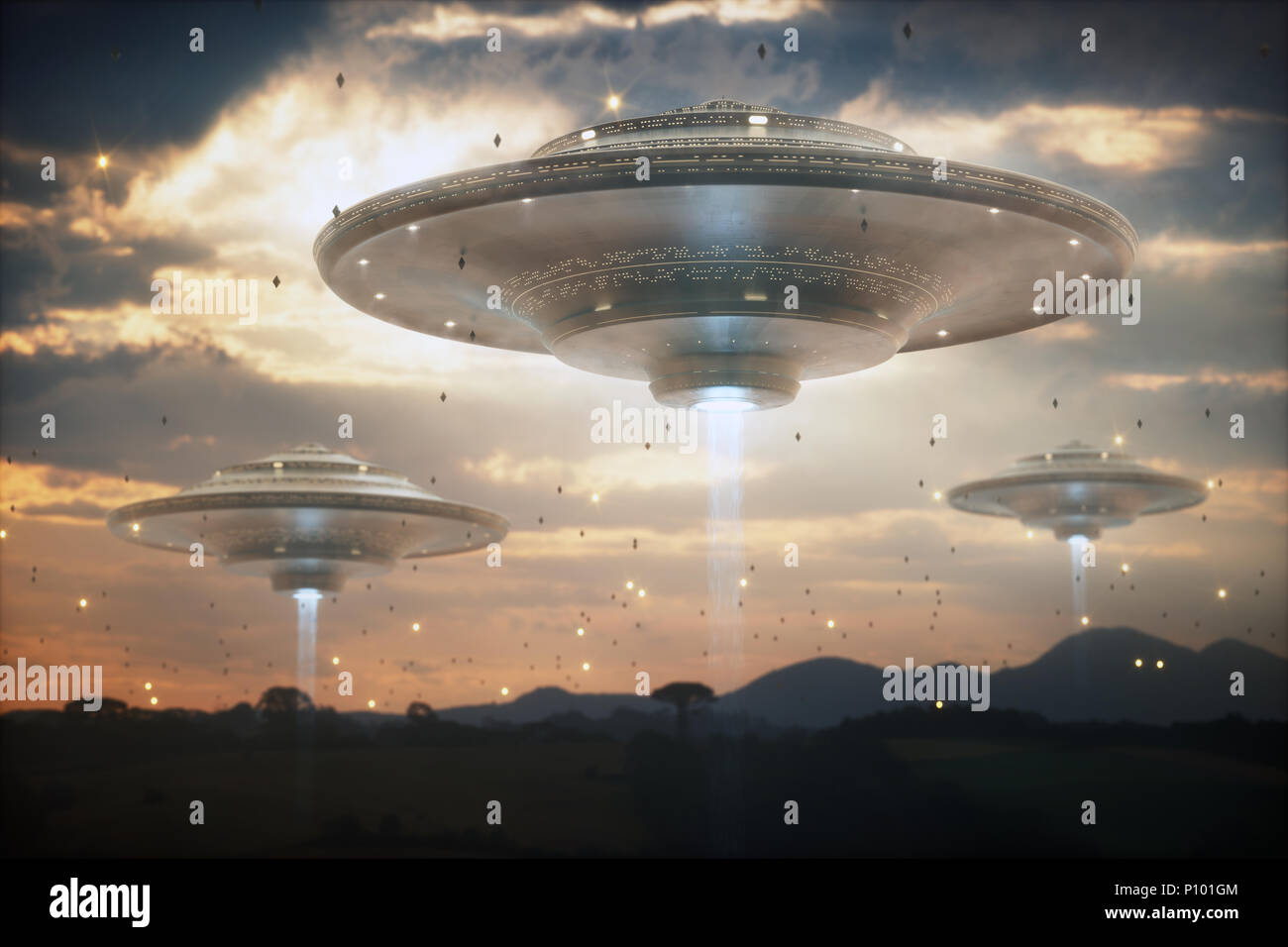 3D-Darstellung. Invasion von außerirdischen Raumschiffen. Himmel mit Raumschiffen und kleinen Raumschiffs gefüllt. Stockfoto
