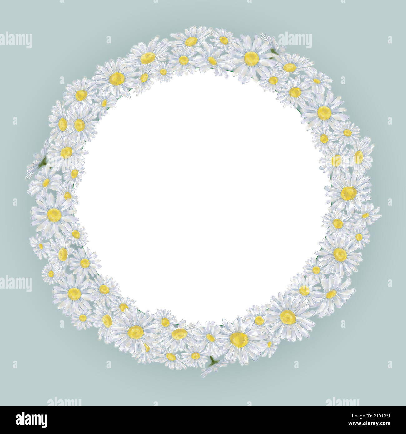 Daisy Rahmen auf Blau mit weissen Runden Karte für Text. Kamille Grenze für runde Schablone auf Blau. Floral frame Vorlage für Event Dekoration. Stockfoto