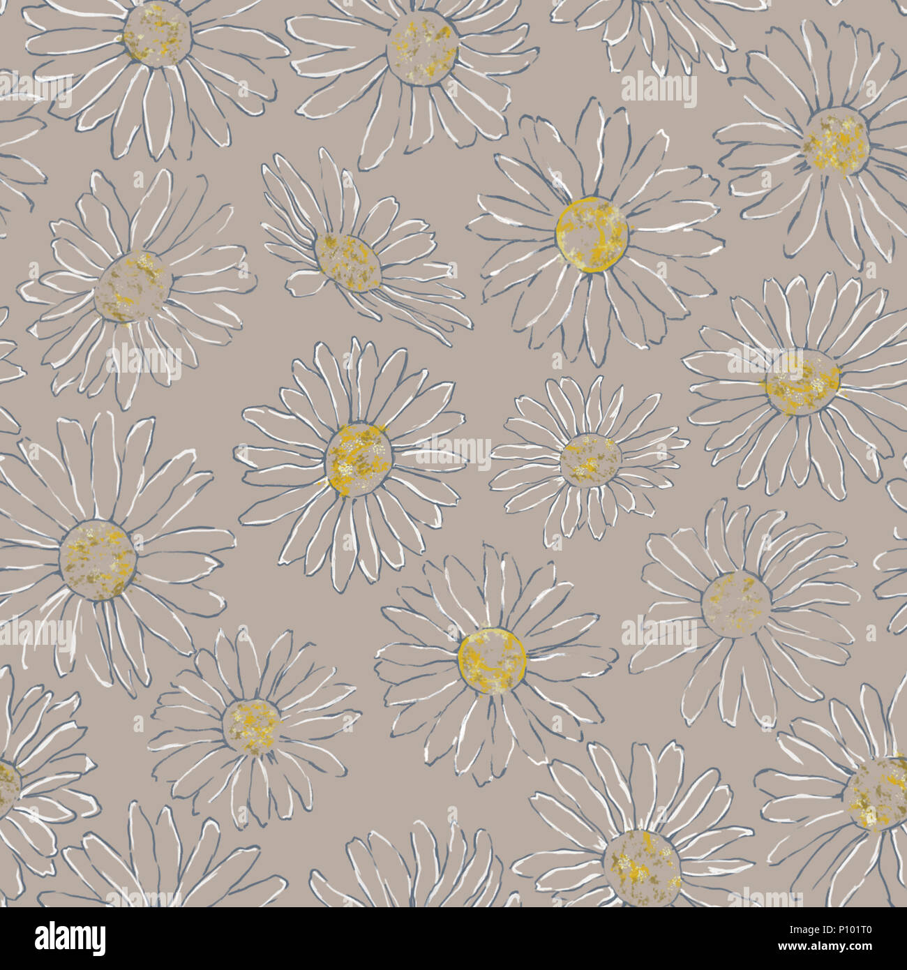 Daisy Strichzeichnung nahtlose Muster auf Tan Hintergrund. Kamille nahtlose Rapport für Tapeten, Geschenkpapier, und Textilien. Florale Muster für den Hintergrund. Stockfoto
