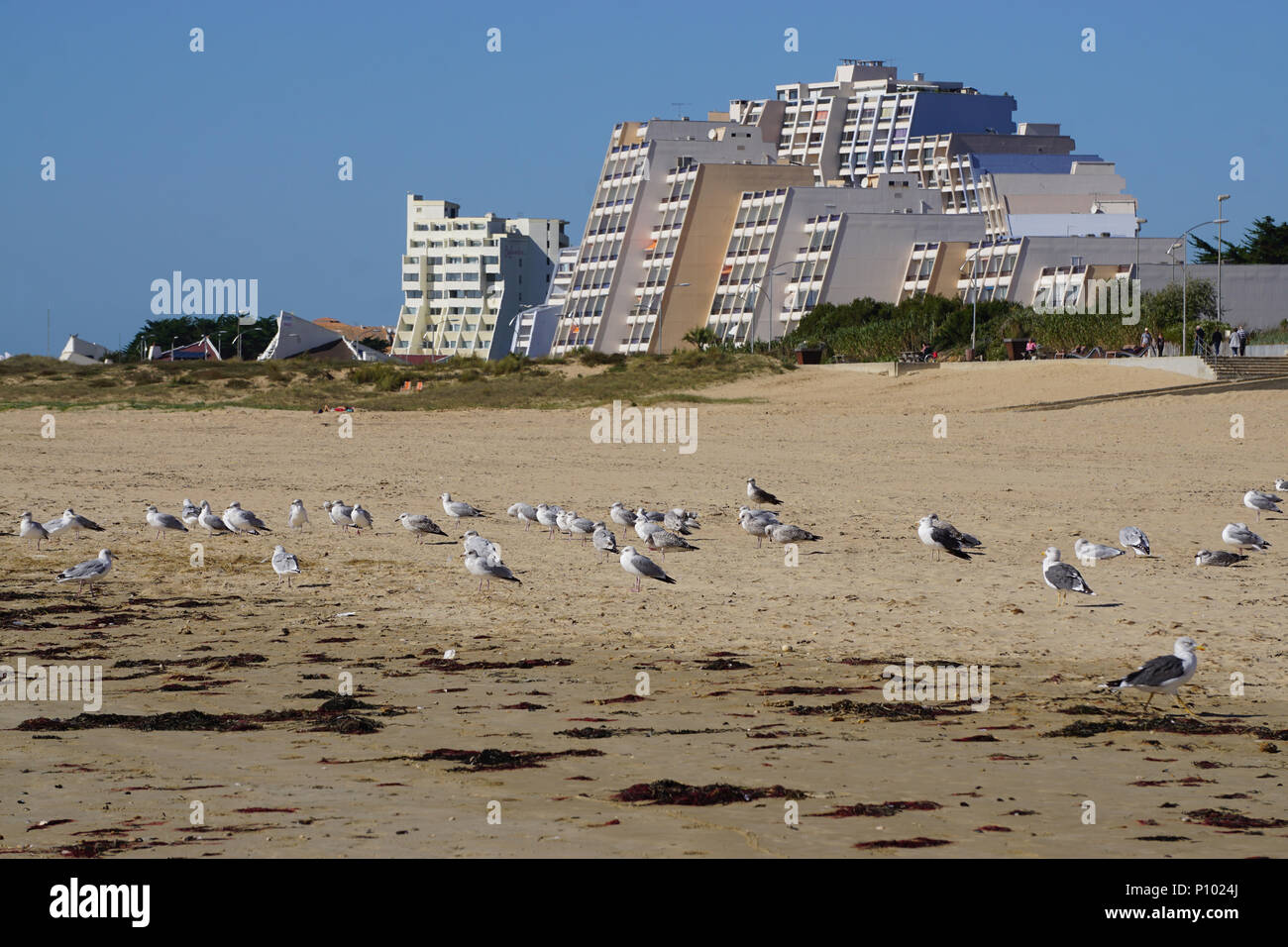 Bunt und funky Architektur Design auf die Gebäude am Strand in St Jean de Monts an der französischen Atlantikküste mit Rammstein Stockfoto