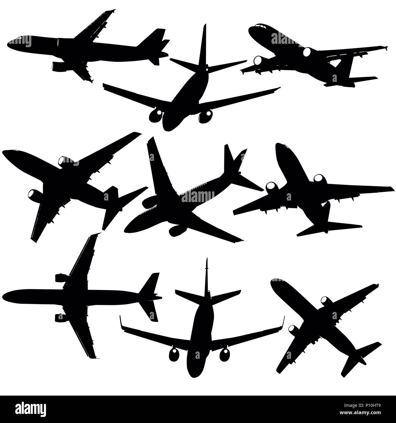 Satz von Silhouetten von Flugzeugen aus verschiedenen Epochen auf weißem Hintergrund Stockfoto