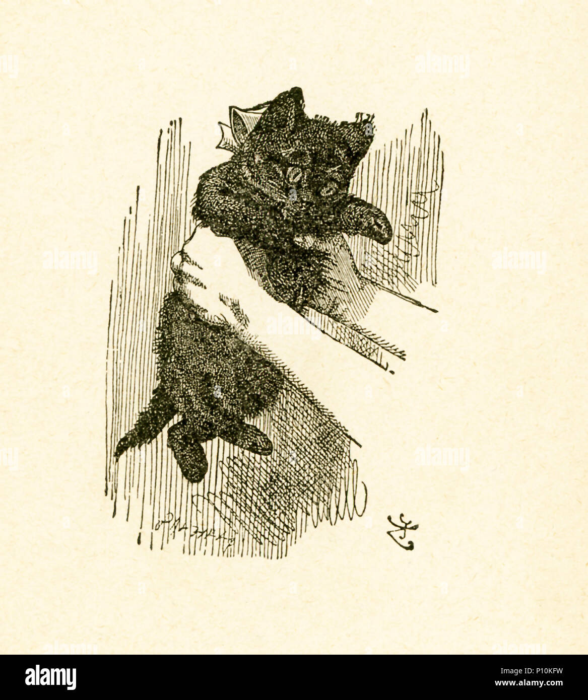 Diese Abbildung von Alice hält ein rotes Kätzchen wird von "Durch das Schauen-glas und was Alice dort fand" von Lewis Carroll (Charles Lutwidge Dodgson), die diesen Roman 1871 schrieb als Fortsetzung zu 'Alice im Wunderland'. Stockfoto