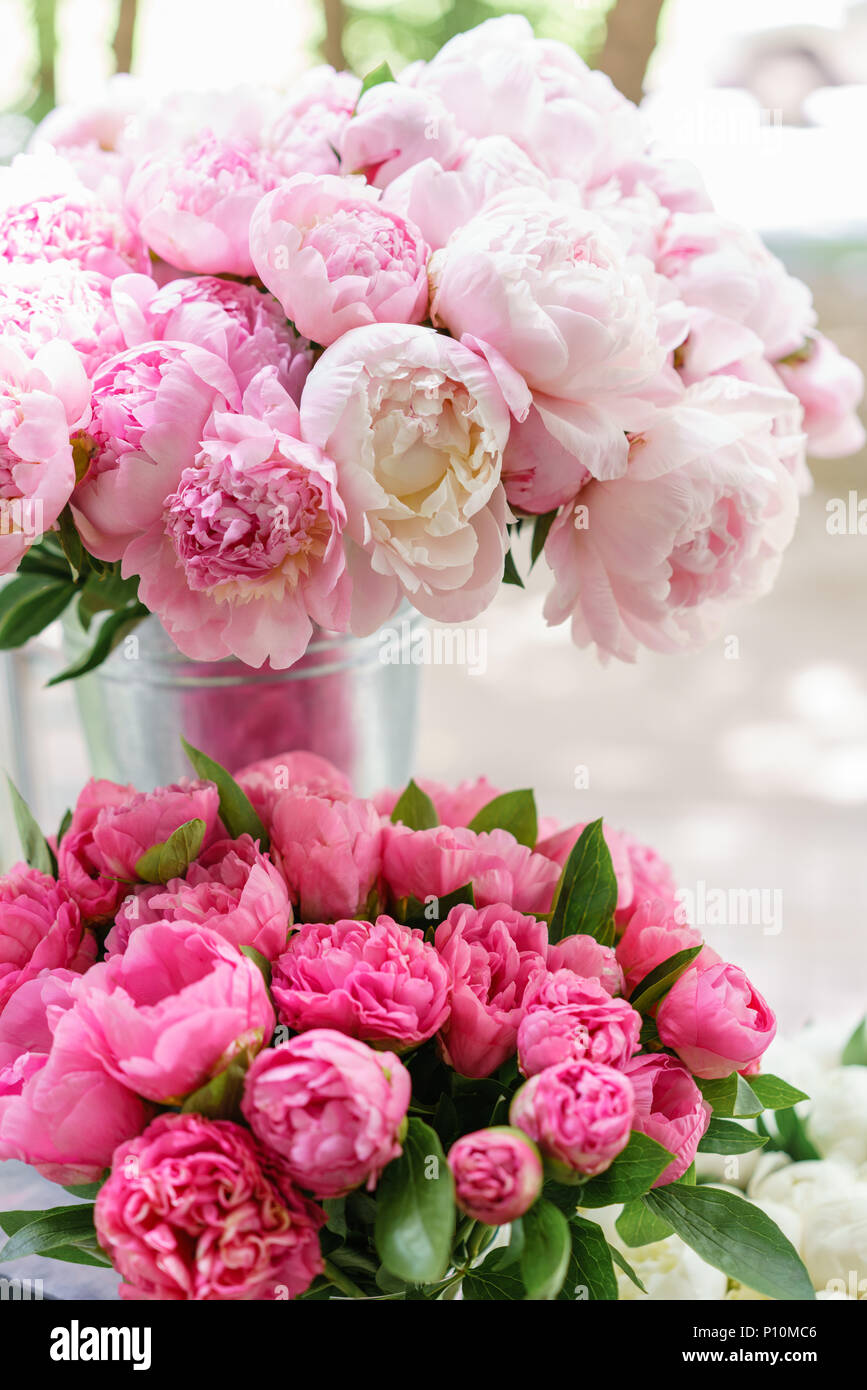 Schöne Blumen im Glas Vase. Schönen Blumenstrauß rosa Pfingstrosen. Florale Komposition, Szene, Tageslicht. Hintergrundbild Stockfotografie