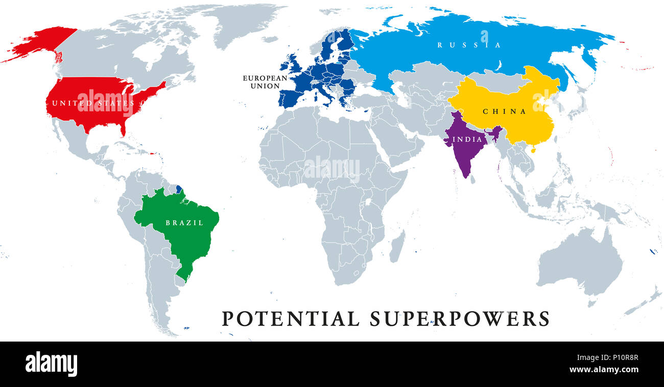 Aktuelle und potentielle Supermächte, politische Karte. Aktuelle Supermacht USA. Potentielle Supermächte Brasilien, China, der Europäischen Union, Indien, Russland. Stockfoto