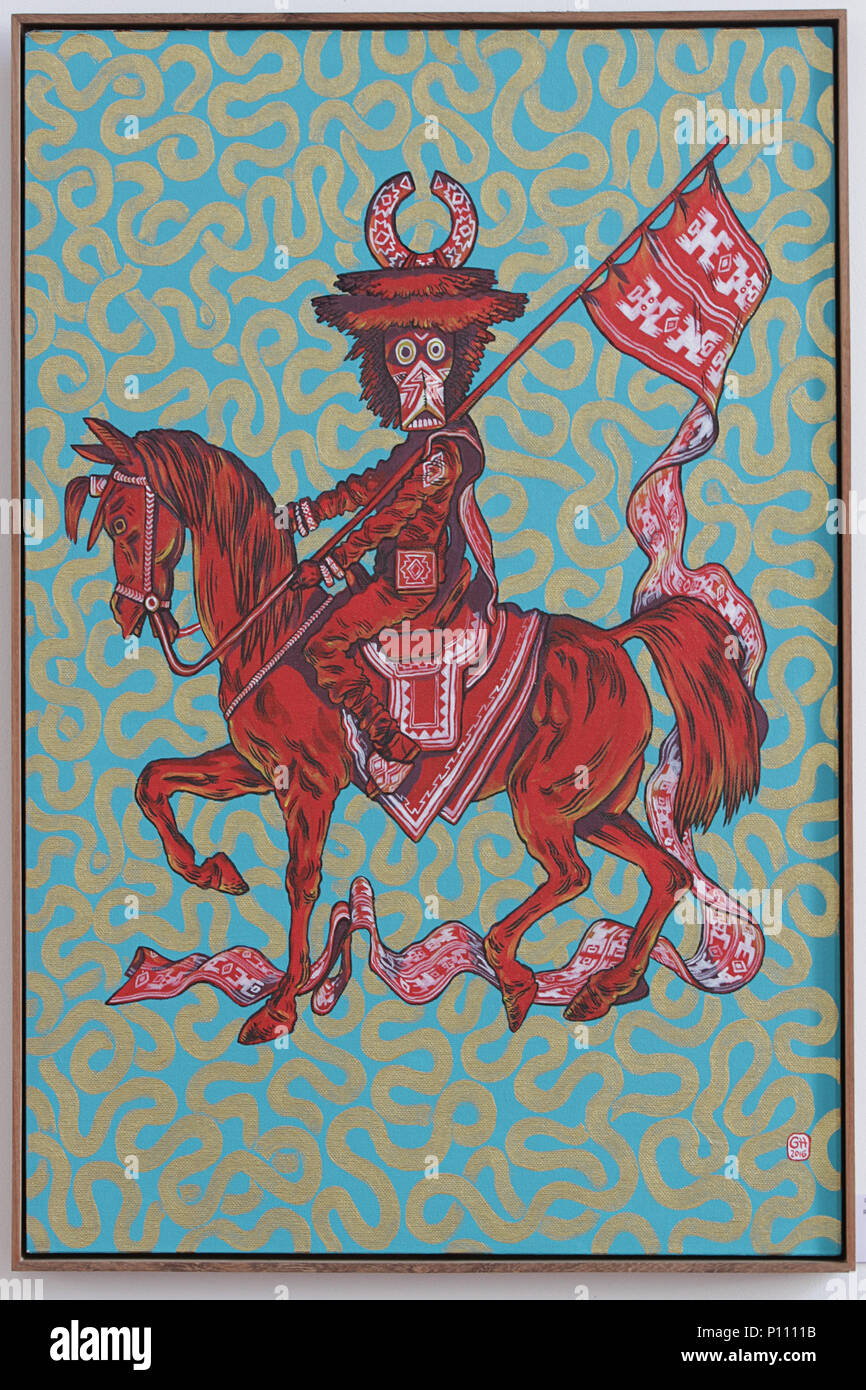 Zeitgenössische Malerei der roten Krieger und Flagge ein Pferd reiten Stockfoto