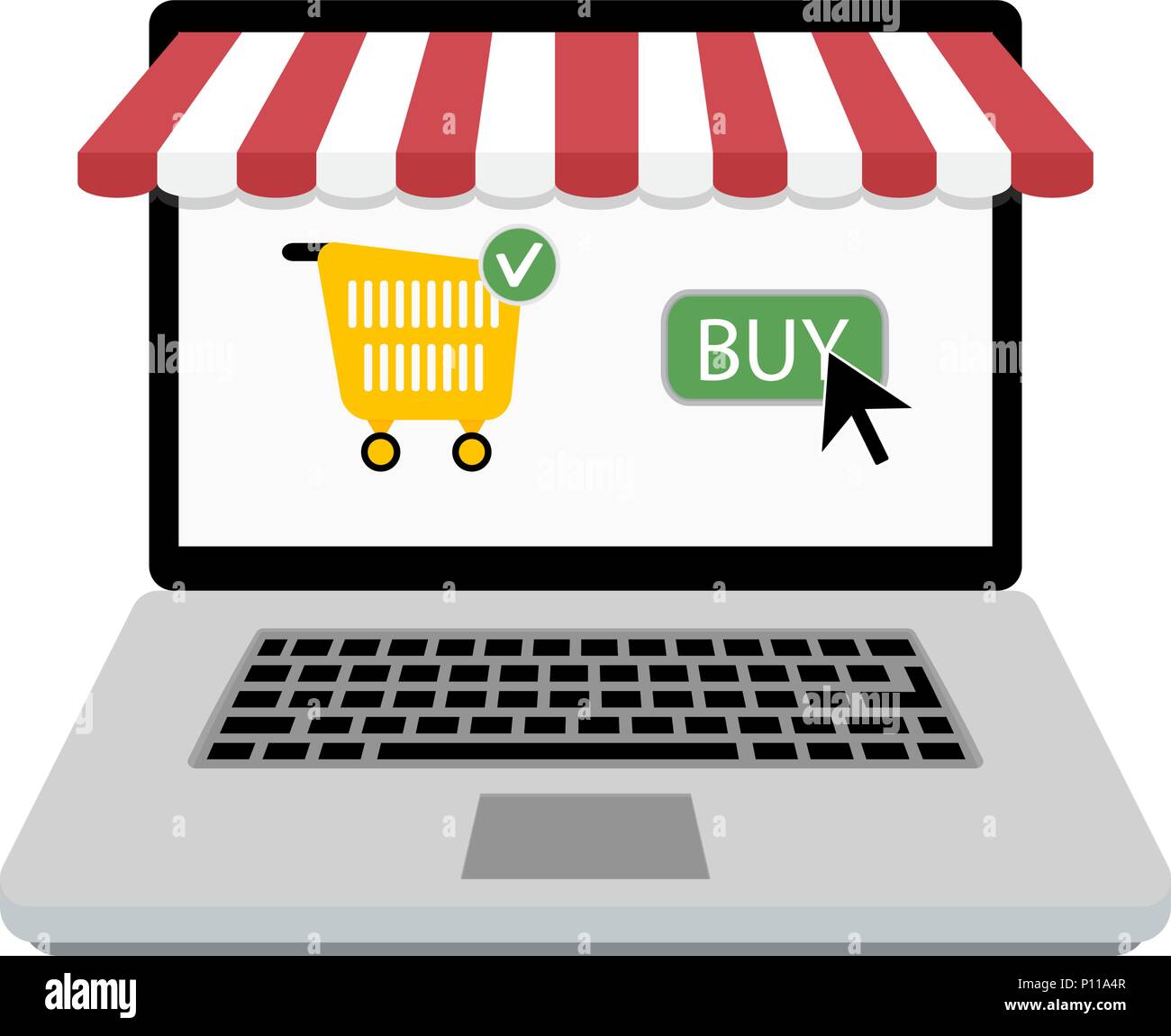 Kaufen Online Store. Laptop mit web shop. Abbildung: e-Commerce für den Kunden angezeigt, Einkauf Korb, Shopping um Vektor Stock Vektor