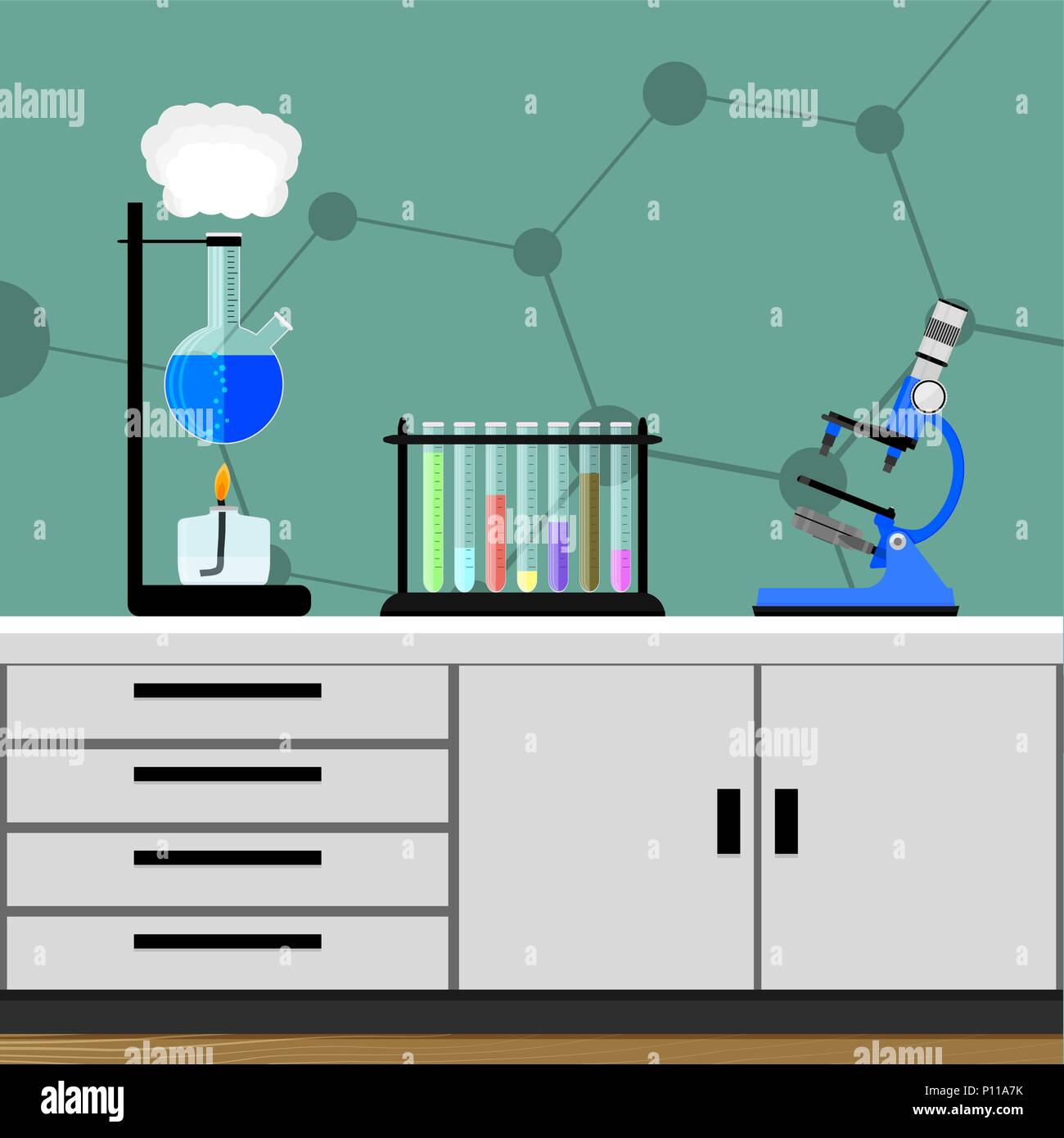 Experiment im chemischen Labor. Wissenschaftliche Forschung, Wissenschaft Medizin, Substanz und Mikrobiologie. Vector Illustration Stock Vektor