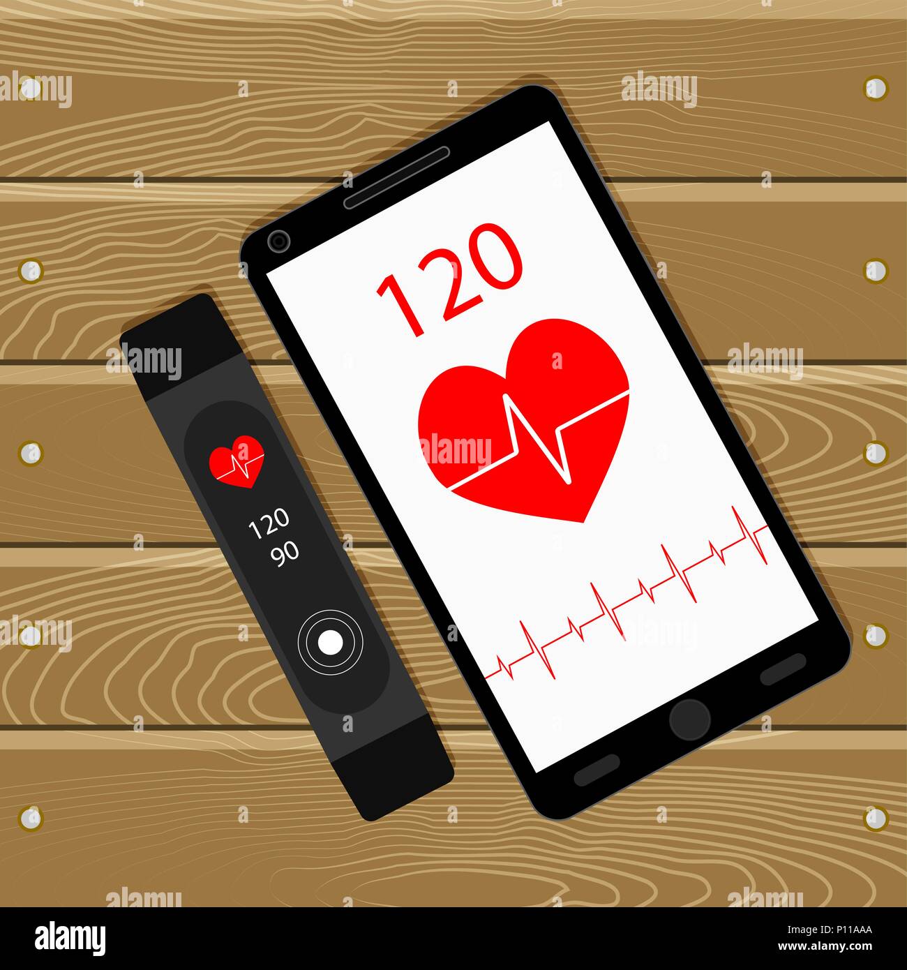 Fitness Armband mit Telefon synchronisiert. Fitness tracker Synchronisation und Monitoring, Tracking elektronische Training. Vector Illustration Stock Vektor