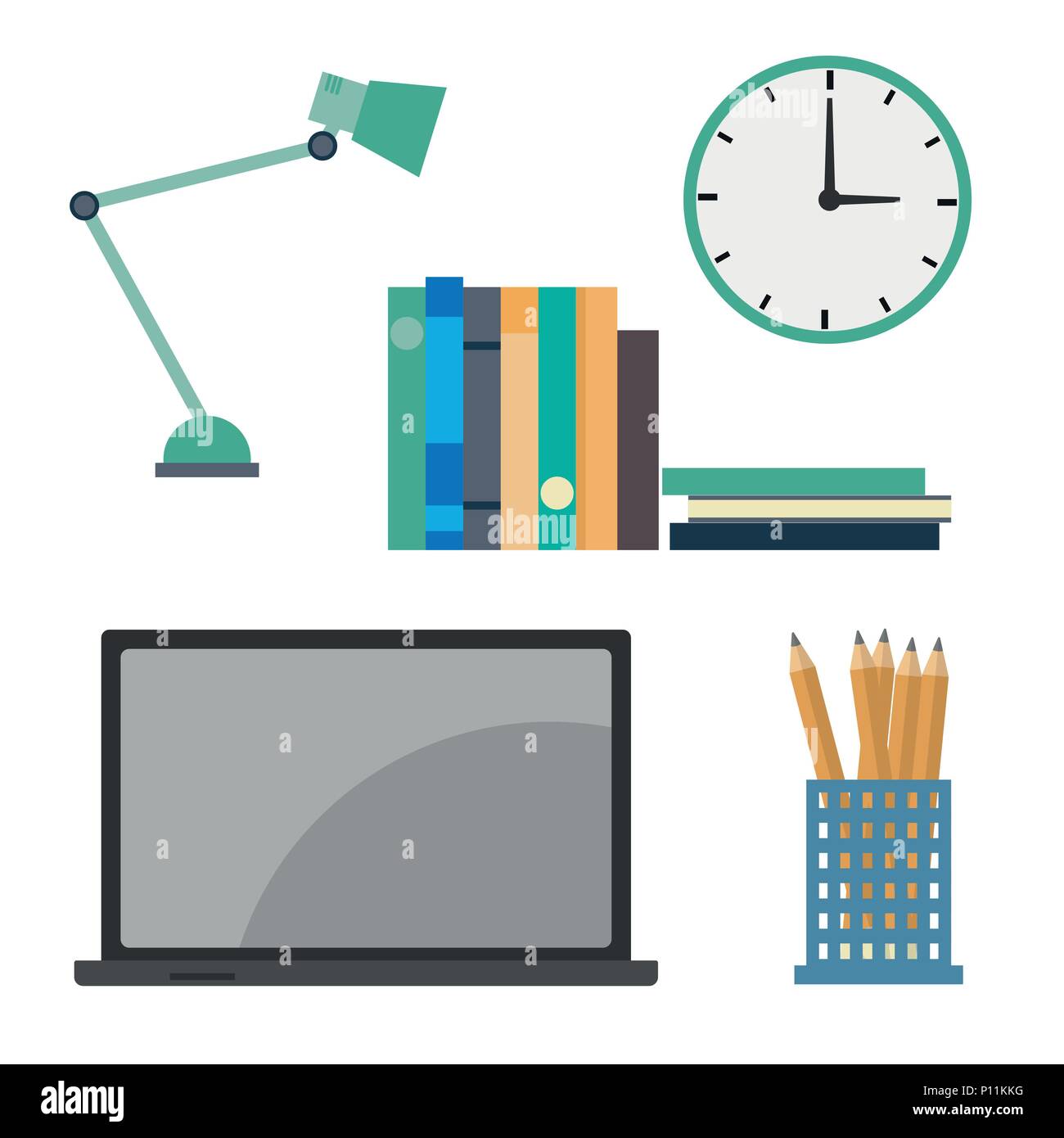 Objekte für das Home Office Schreibtisch, Lampe, Uhr, Buch, Notebook und Bleistifte für Business- und Bürobedarf - Vektor flache Design Illustration. Stock Vektor