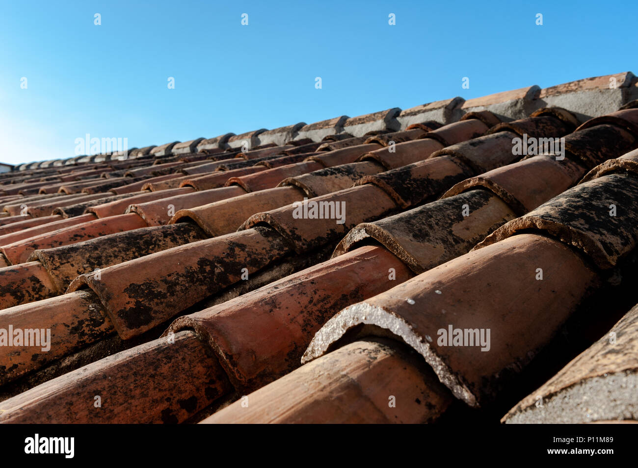 Spanische Dachziegel an einem klaren Tag in Malaga, Costa del Sol, Spanien mit kopieren. Stockfoto