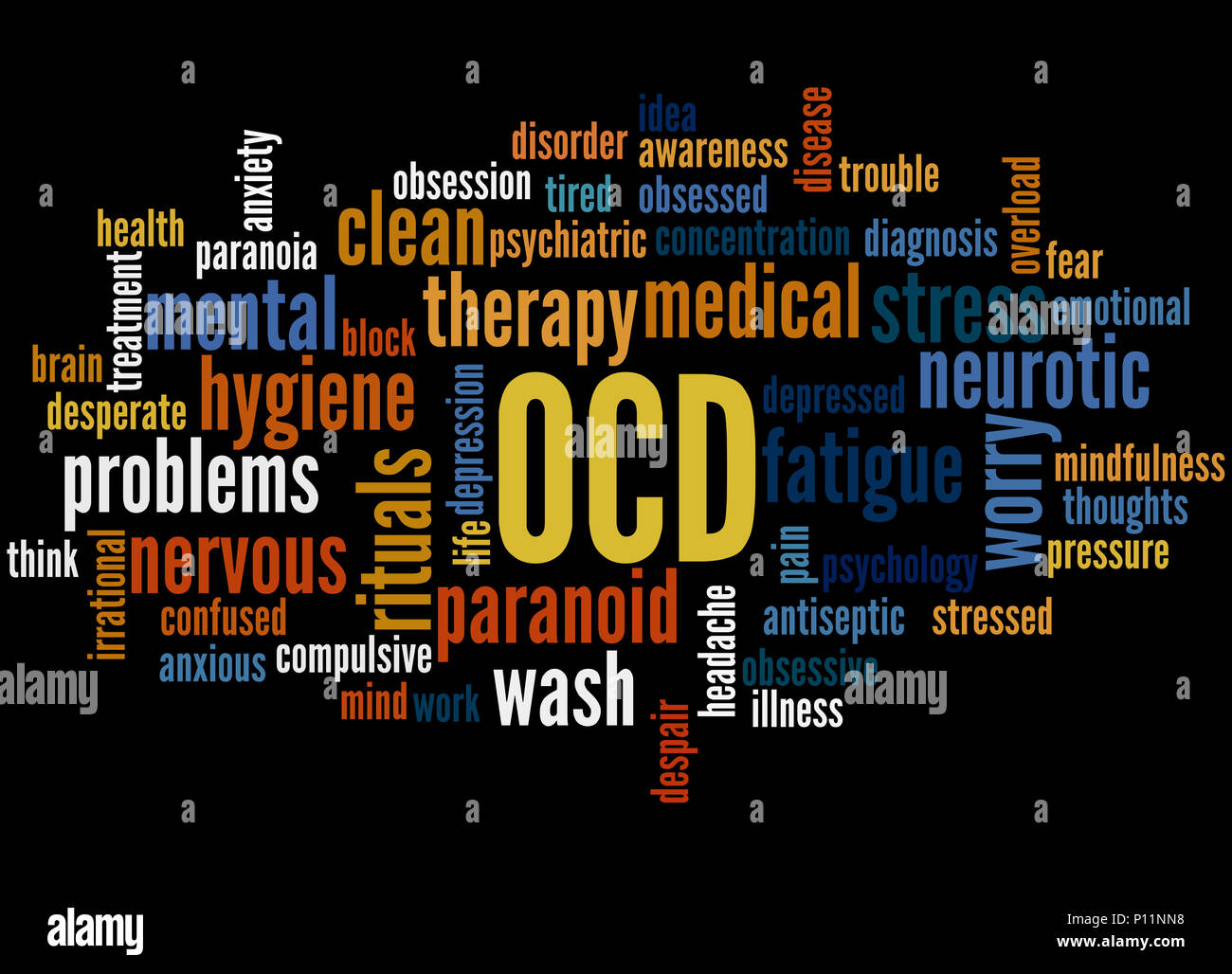 OCD-Obsessive Compulsive Persönlichkeitsstörung, Word cloud Konzept auf schwarzem Hintergrund. Stockfoto