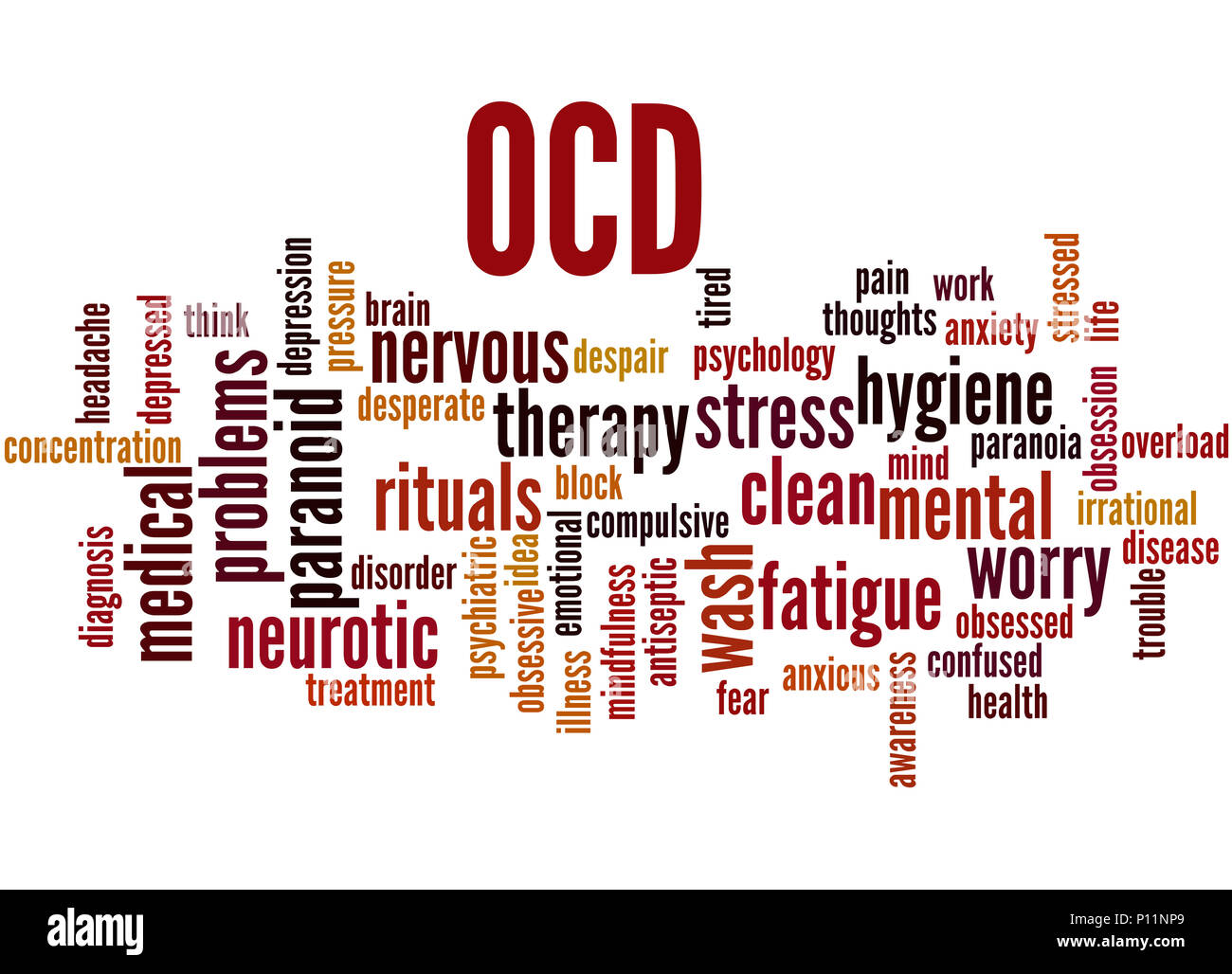 OCD-Obsessive Compulsive Persönlichkeitsstörung, Word cloud Konzept auf weißem Hintergrund. Stockfoto
