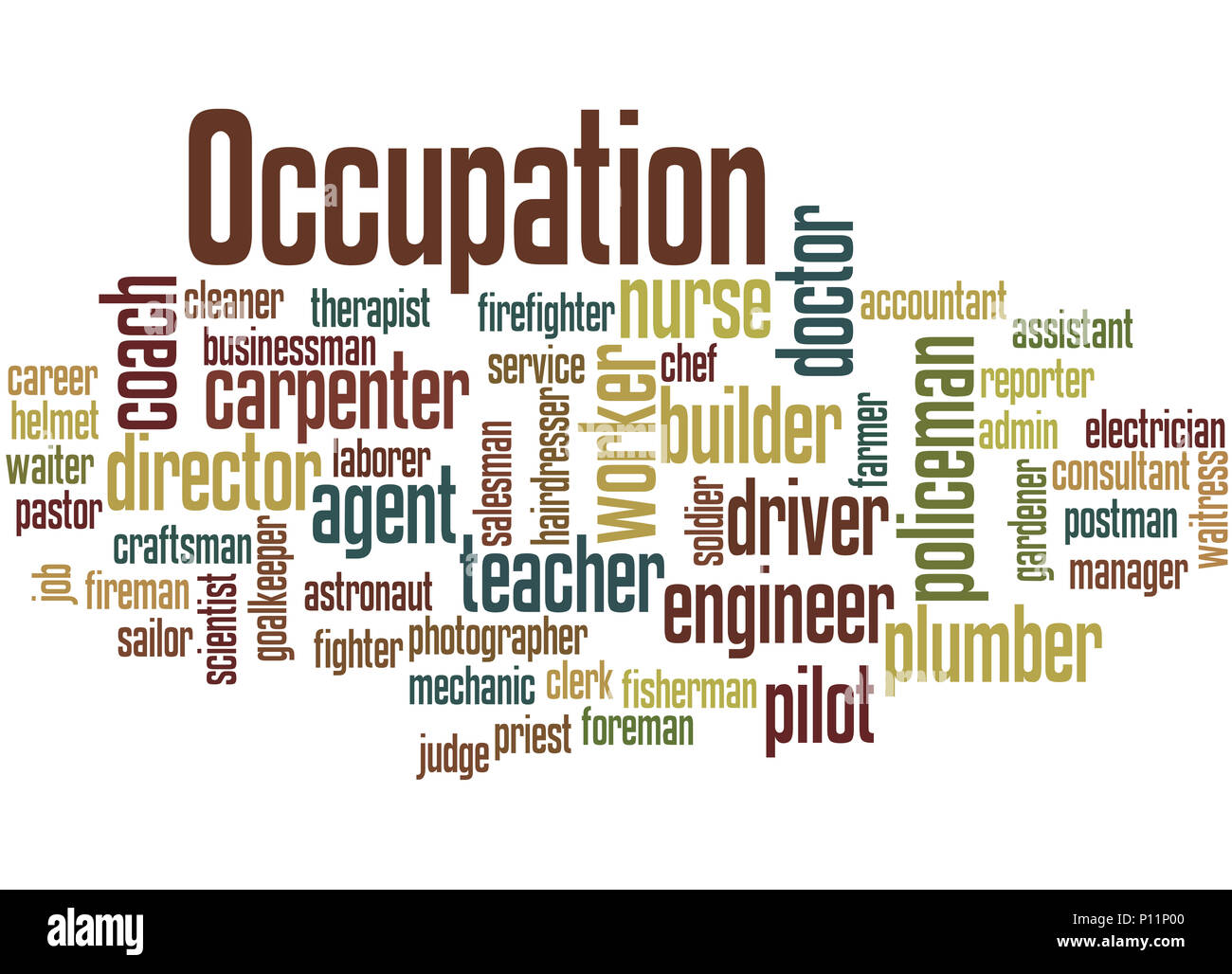 Berufe, verschiedene Jobs, Karriere Auswahl, Beruf word cloud Konzept auf weißem Hintergrund. Stockfoto