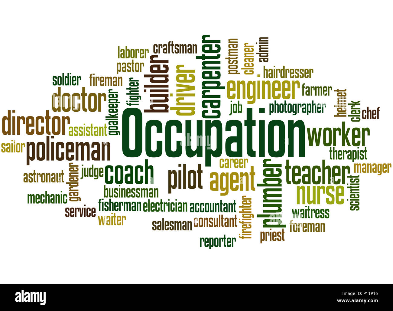 Berufe, verschiedene Jobs, Karriere Auswahl, Beruf word cloud Konzept auf weißem Hintergrund. Stockfoto