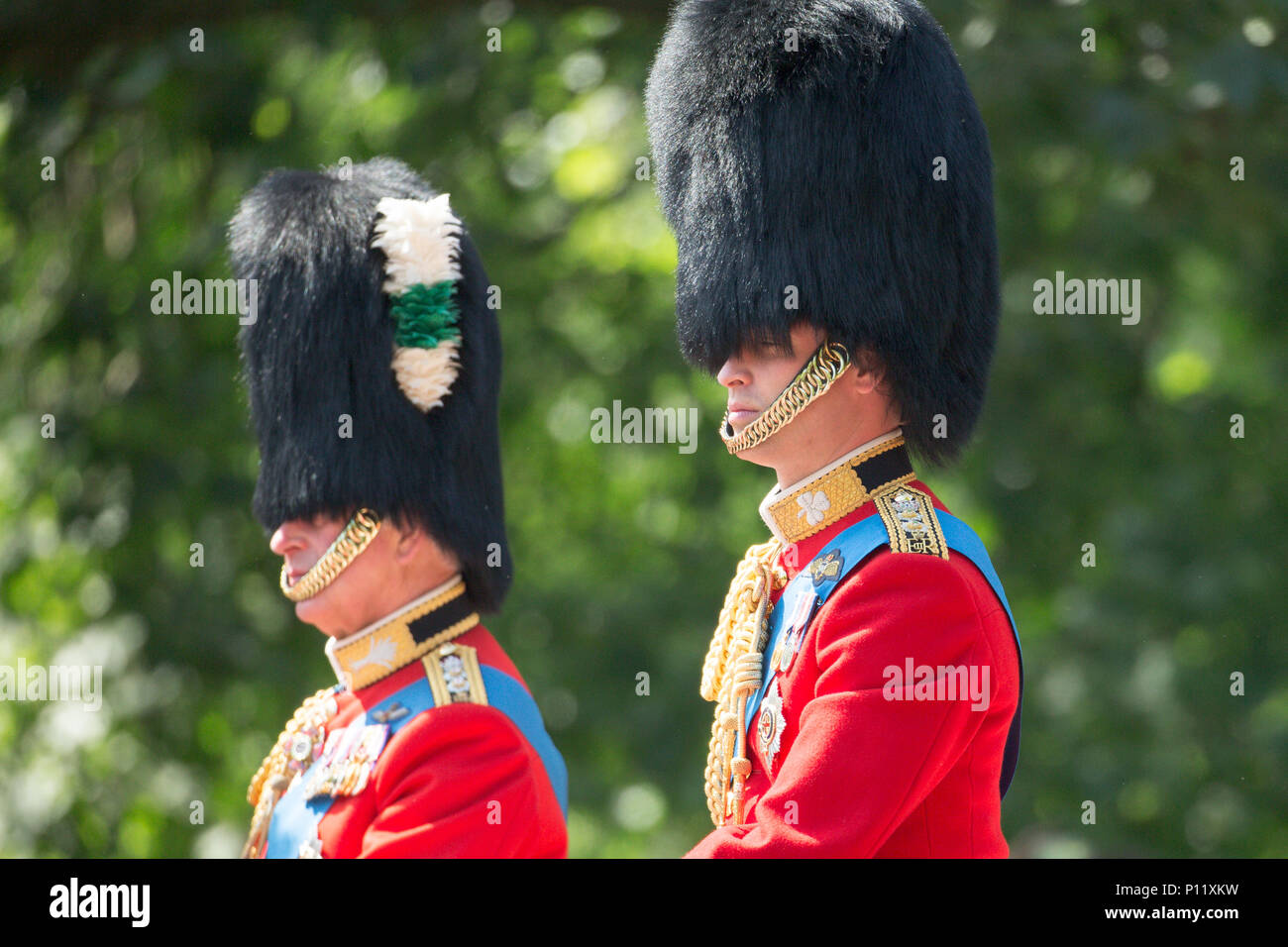 Prinz William bei der die Farbe heute in London Trooping. Der Herzog und die Herzogin von Sussex haben die Königin für die die Farbe Parade ihren 92. Geburtstag zu markieren. Drucken Harry und Meghan Markle, der letzten Monat geheiratet, kamen als Teil der Beförderung Prozession. Große Menschenmassen Zuschauer versammelten Samstag Zeremonie, die sah, rund 1.000 Soldaten März auf Horse Guards Parade in Whitehall zu beobachten. Stockfoto