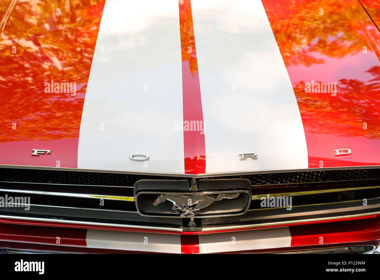 Berlin, Deutschland - Juni 09, 2018: Kühlergrill und Motorhaube eines Ford Mustang Auto zeigt das Logo/Markenzeichen bei Oldtimer Automobil Veranstaltung in B Stockfoto Berlin, Deutschland - Juni 09, 2018: Kühlergrill und Motorhaube eines Ford Mustang Auto zeigt das Logo/Markenzeichen bei Oldtimer Automobil Veranstaltung in B Stockfoto