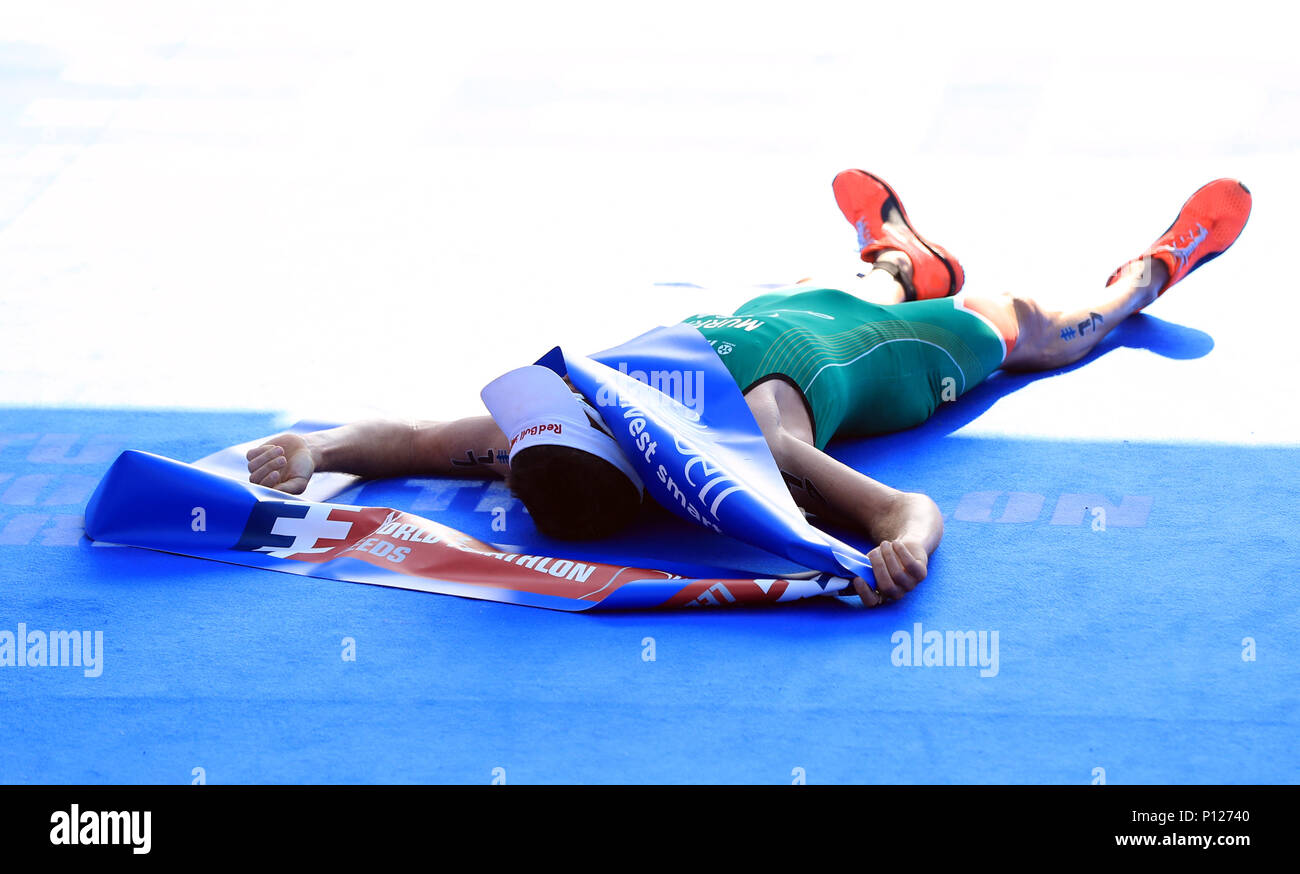 Südafrikas Richard Murray nach erfolgreichen Rennen der Elite Männer während der 2018 ITU World Triathlon Series in Leeds. Stockfoto