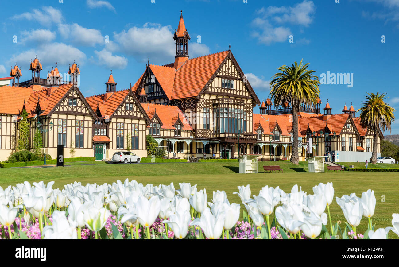 Rotorua Museum für Kunst und Geschichte Te Whare Taonga o Te Arawa, Regierung Gärten, Rotorua, Nordinsel, Neuseeland Stockfoto