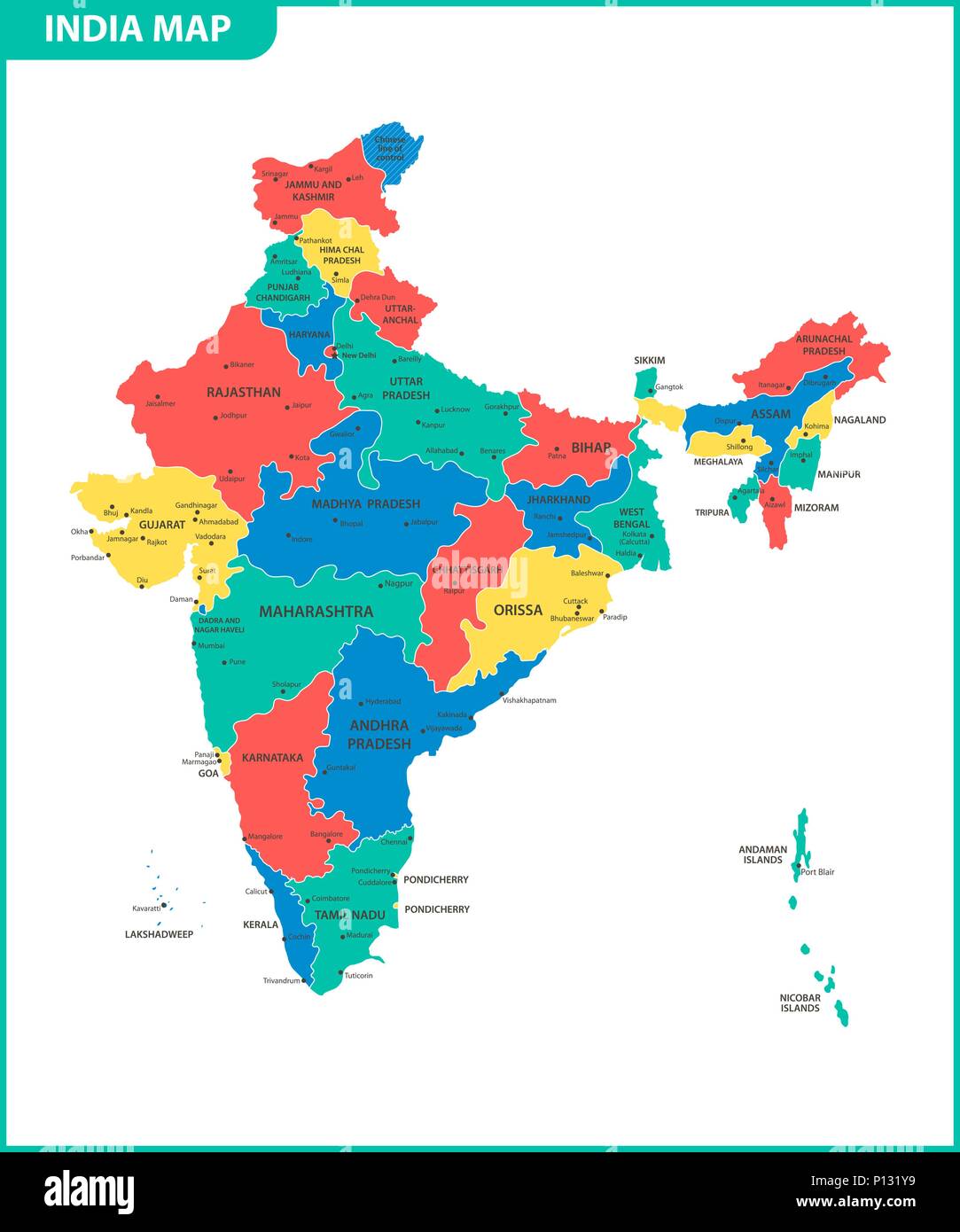 Die detaillierte Karte des Indien mit den Regionen oder Staaten und Städte, der Hauptstadt. Verwaltungseinheit. Stock Vektor