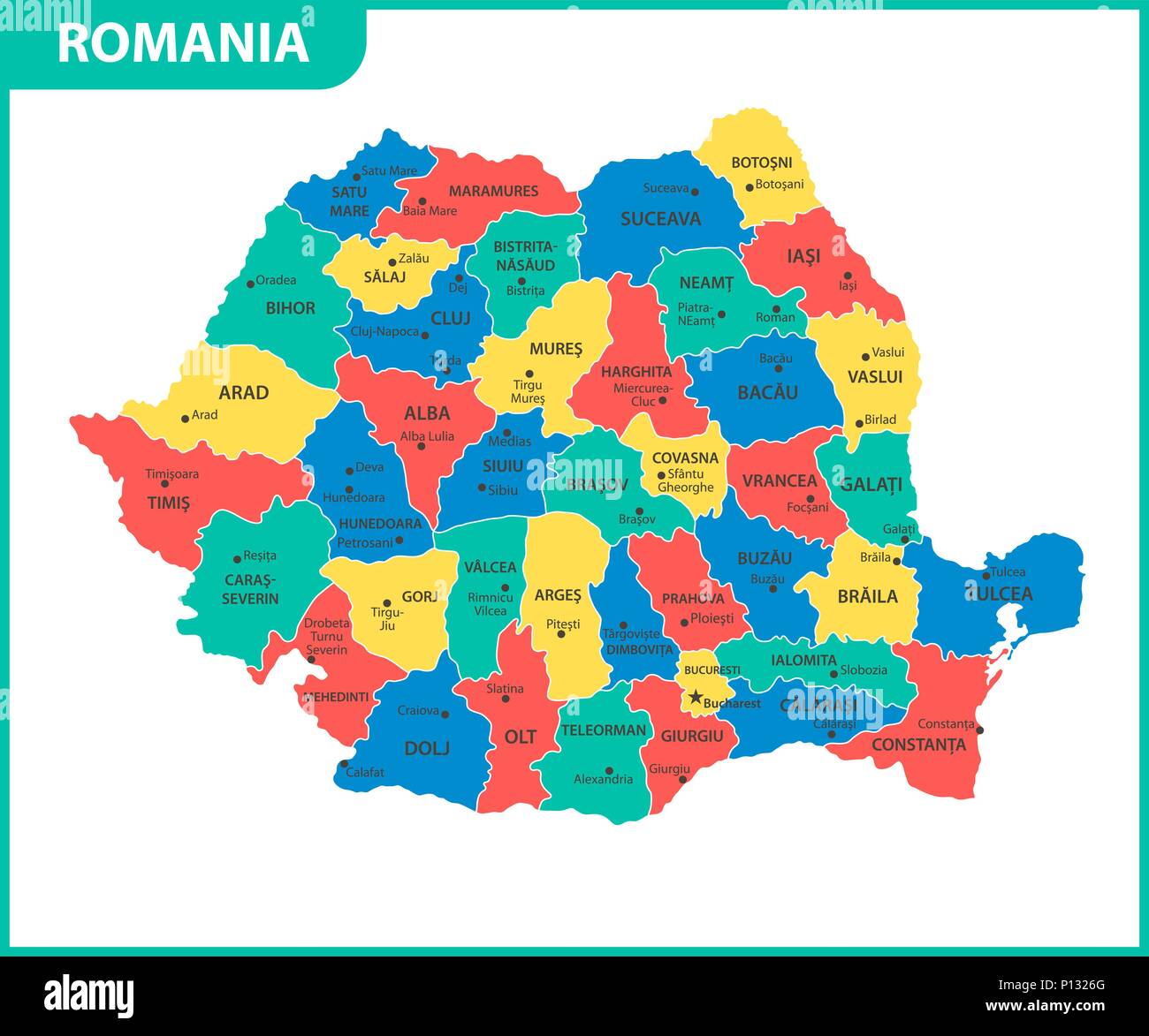 Die detaillierte Karte des Rumänien mit Regionen oder Staaten und Städte, der Hauptstadt. Verwaltungseinheit. Stock Vektor