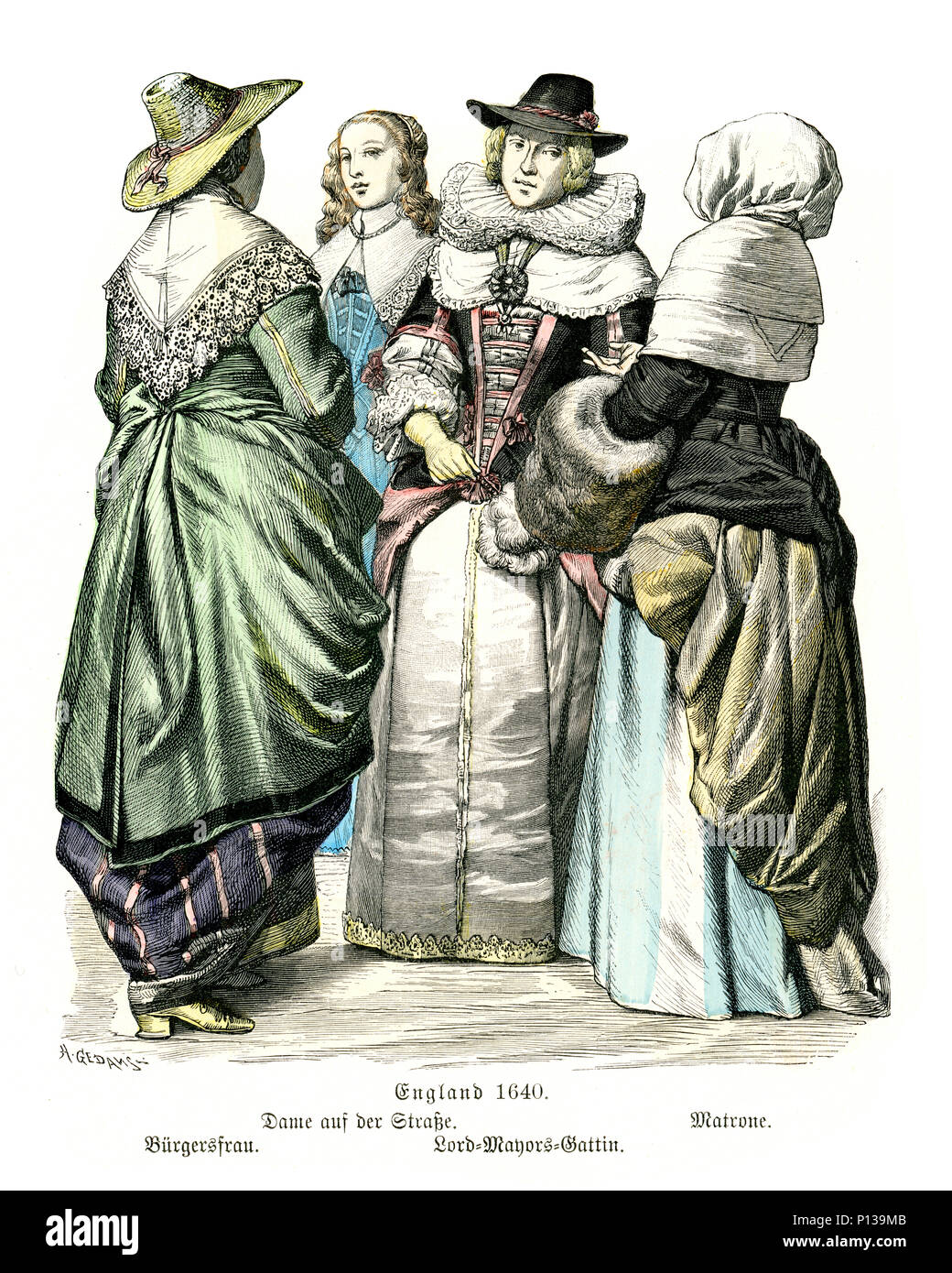 Vintage Gravur der Geschichte der Mode, Frauen Kostüme aus England, 17. Lady, Bürger, Herrn Bürgermeister Frau, Matrone, 1640 Stockfoto