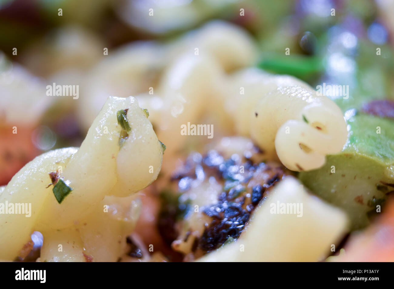 Extreme closeup Makro des strozzapreti geformte Nudeln mit Gemüse Stockfoto