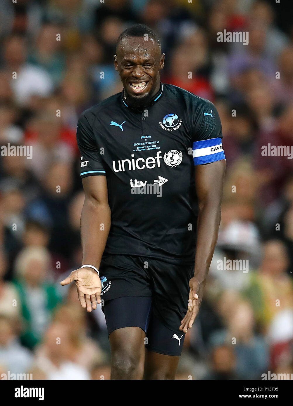 Welt XI von Usain Bolt während der UNICEF Fußball Hilfe Spiel im Old Trafford, Manchester. PRESS ASSOCIATION Foto. Bild Datum: Sonntag, den 10. Juni 2018. Siehe PA-Geschichte Fußball Hilfe. Foto: Martin Rickett/PA-Kabel. Stockfoto