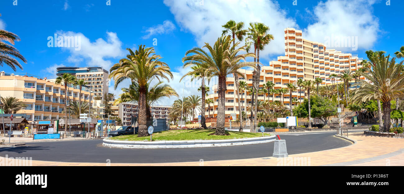 Panoramablick auf Küste in Playa del Ingles. Maspalomas, Gran Canaria, Kanarische Inseln Stockfoto