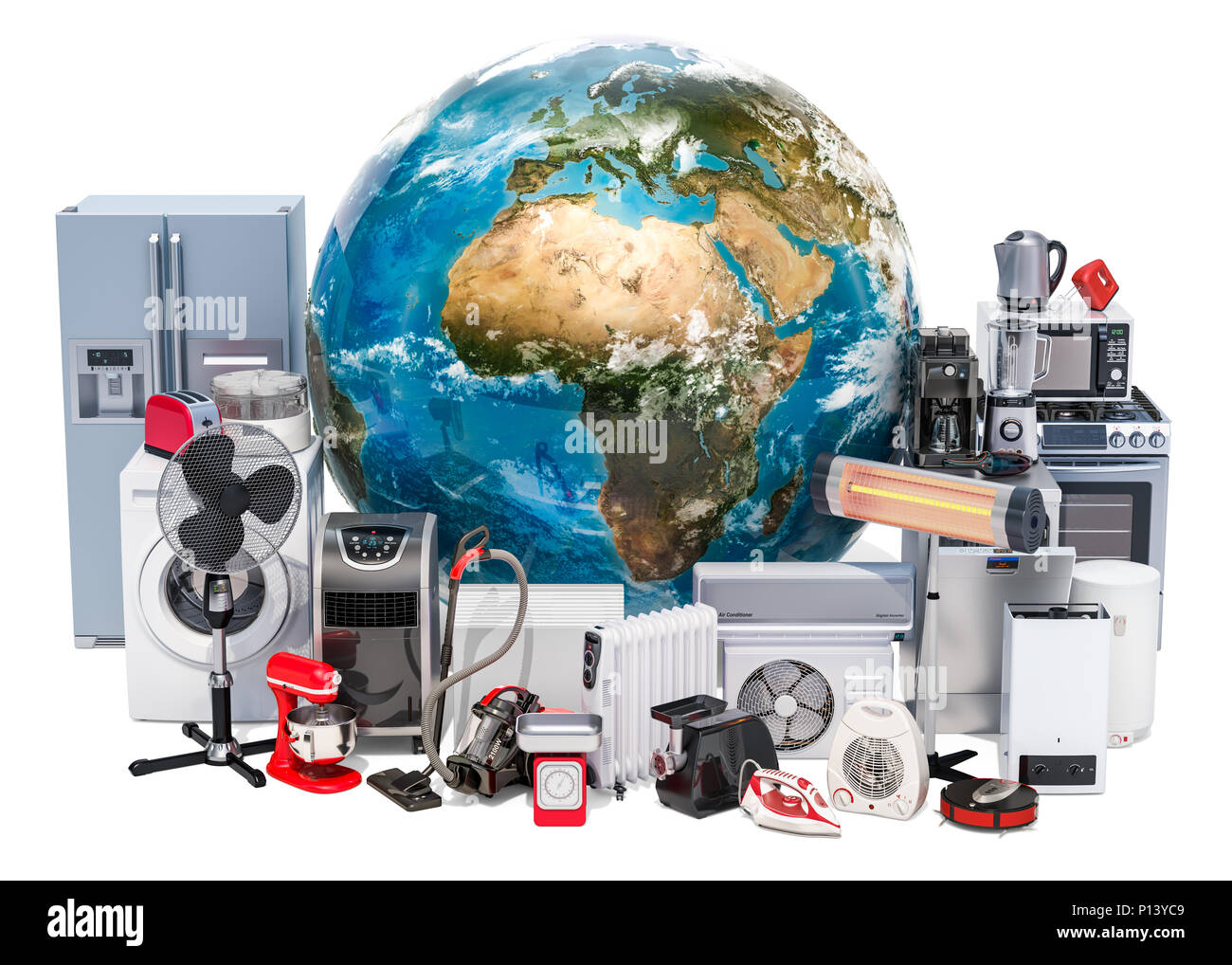 Set an Küchen- und Haushaltsgeräte rund um den Globus. Global Shopping Konzept, 3D-Rendering Stockfoto