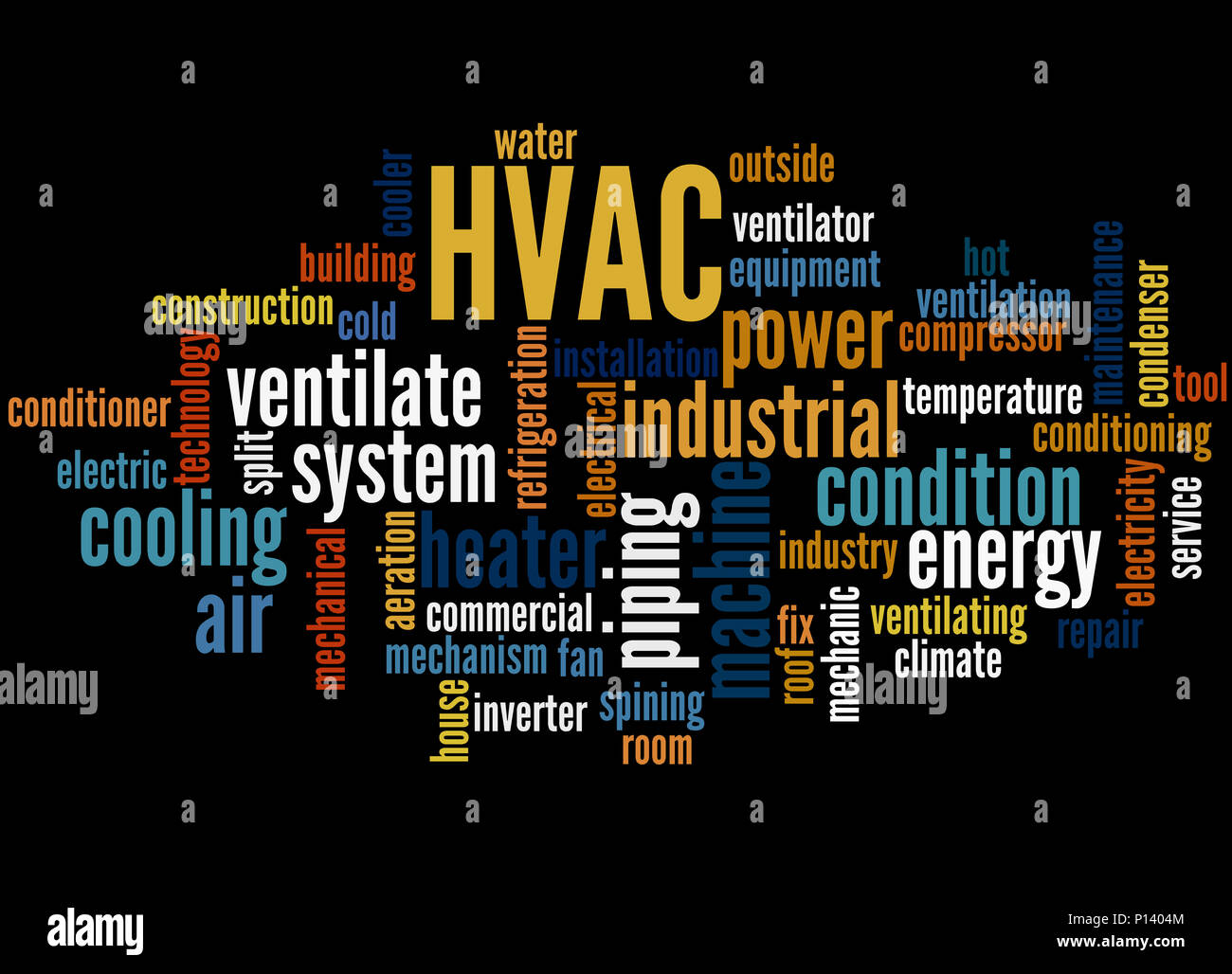 Heizungs-, Lüftungs-, word cloud Konzept auf schwarzem Hintergrund. Stockfoto