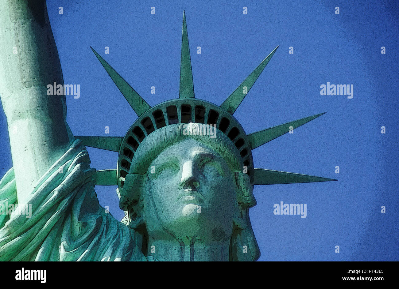 Freiheitsstatue, Nahaufnahme des Gesichts und der Sieben spitze Krone, New York, NY, USA Stockfoto