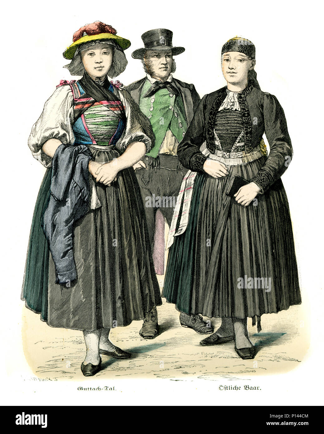Vintage Gravur der Geschichte der Mode, Kostüme in Deutschland Männer und Frauen Baden 19. Stockfoto