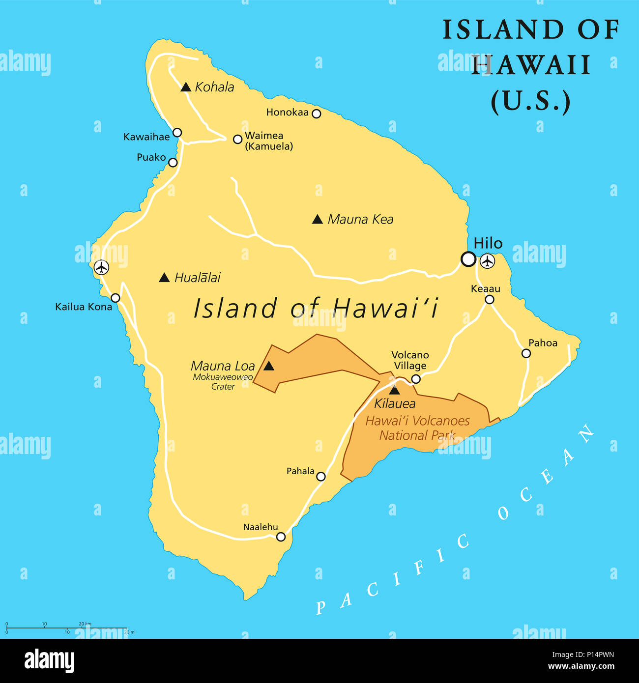 Insel von Hawaii, politische Karte. Größte Insel im US Bundesstaat Hawaii im Pazifischen Ozean 