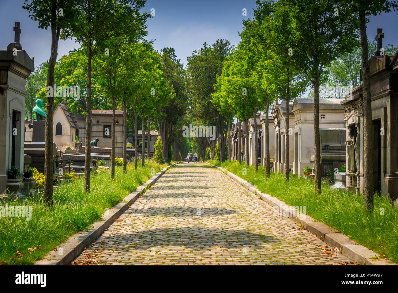 Die breiten, von Bäumen gesäumten Straßen des Friedhofs Père Lachaise sind im Sommer ein idealer Ort für einen Spaziergang. Paris, Frankreich Stockfoto