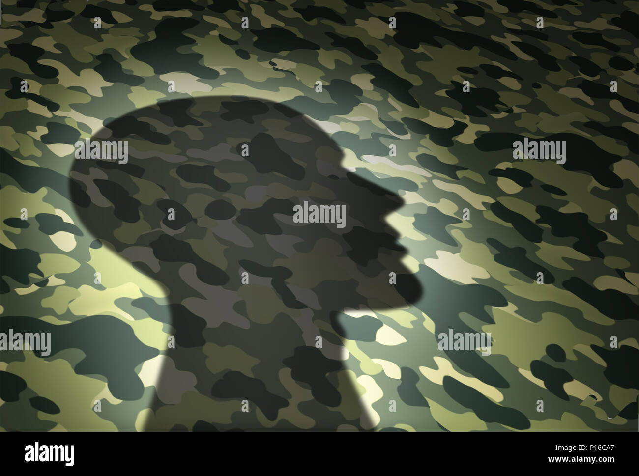 Militärische Fragen Konzept und Veterans Affairs oder der VA Sicherheit Symbol wie der Schatten eines Soldaten auf eine Tarnung Textur in eine 3D-Abbildung Stil. Stockfoto
