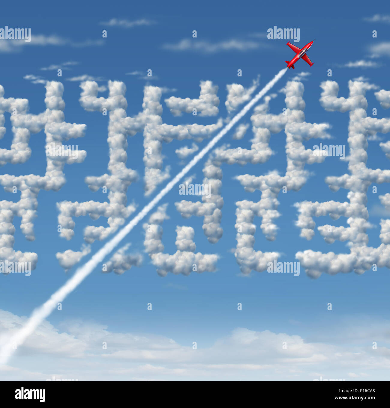 Business Leader Konzept als strategische innovativer Erfolg denken als ein Flugzeug, einen kurzen Schnitt zu einem Cloud Labyrinth mit 3D-Illustration Elemente. Stockfoto