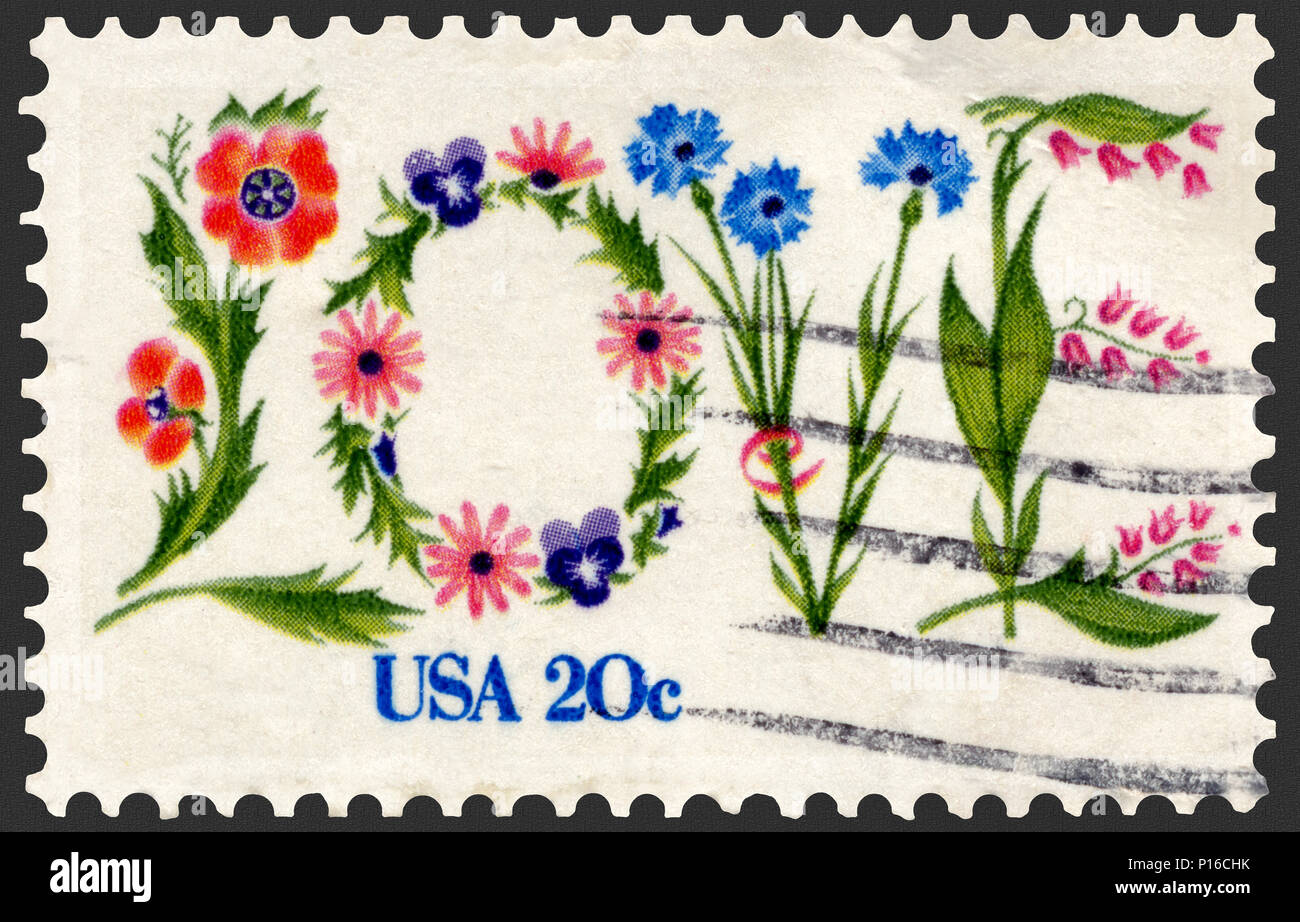 Liebe und Blumen auf Briefmarke Stockfoto