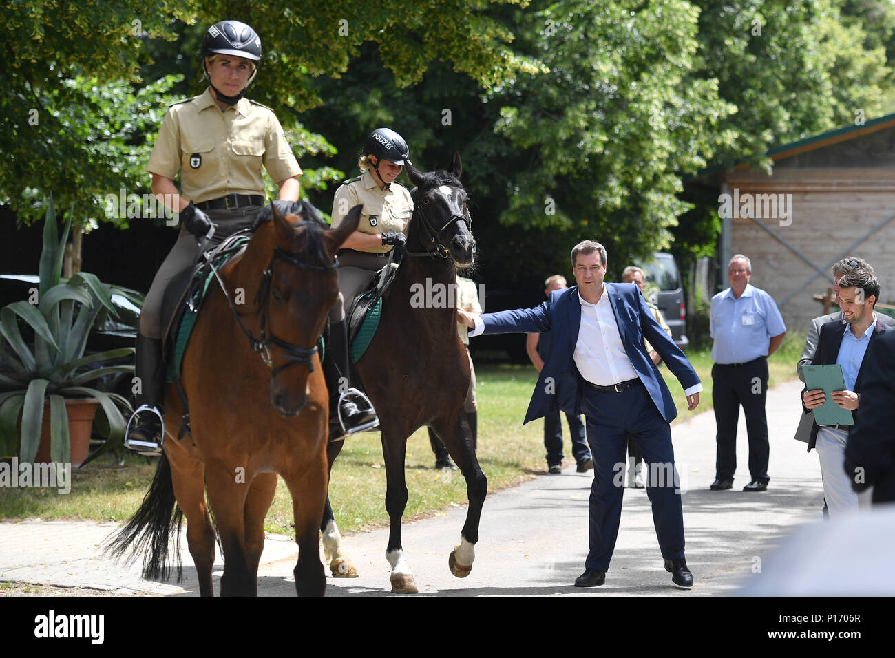 Premierminister Markus Soeder visits rider Relais der Polizei München am 11.06.2018. Die Fahrer der Bayerischen Polizei mehr Sicherheit im öffentlichen Raum zu gewährleisten, vor allem in Parks und Gärten. Als Teil seiner Erklärung der Regierung, Ministerpräsident Dr. Markus Soeder, zum Einrichten eines Reiters Relais in jedem bayerischen Stadt. Im Rahmen eines Besuches der Reiterstaffel Muenchen Markus Soeder ist auf einer Tour der Service Area des Reiters Relais a Vorbereitung der Bereitstellung mit Dienstpferden demonstriert. | Verwendung weltweit Stockfoto