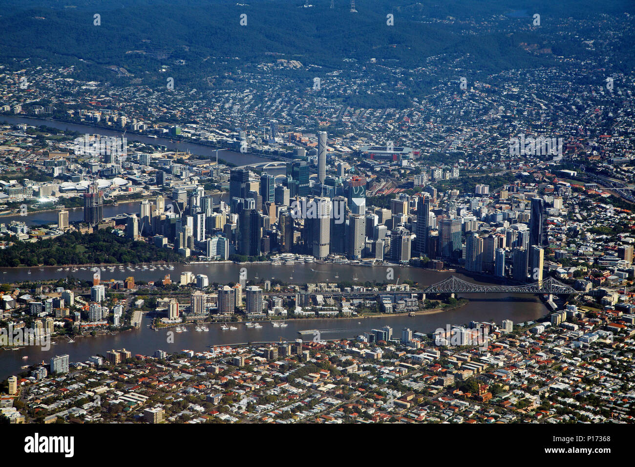 Brisbane River, Story Bridge, und Brisbane CBD, Queensland, Australien - Luftbild Stockfoto