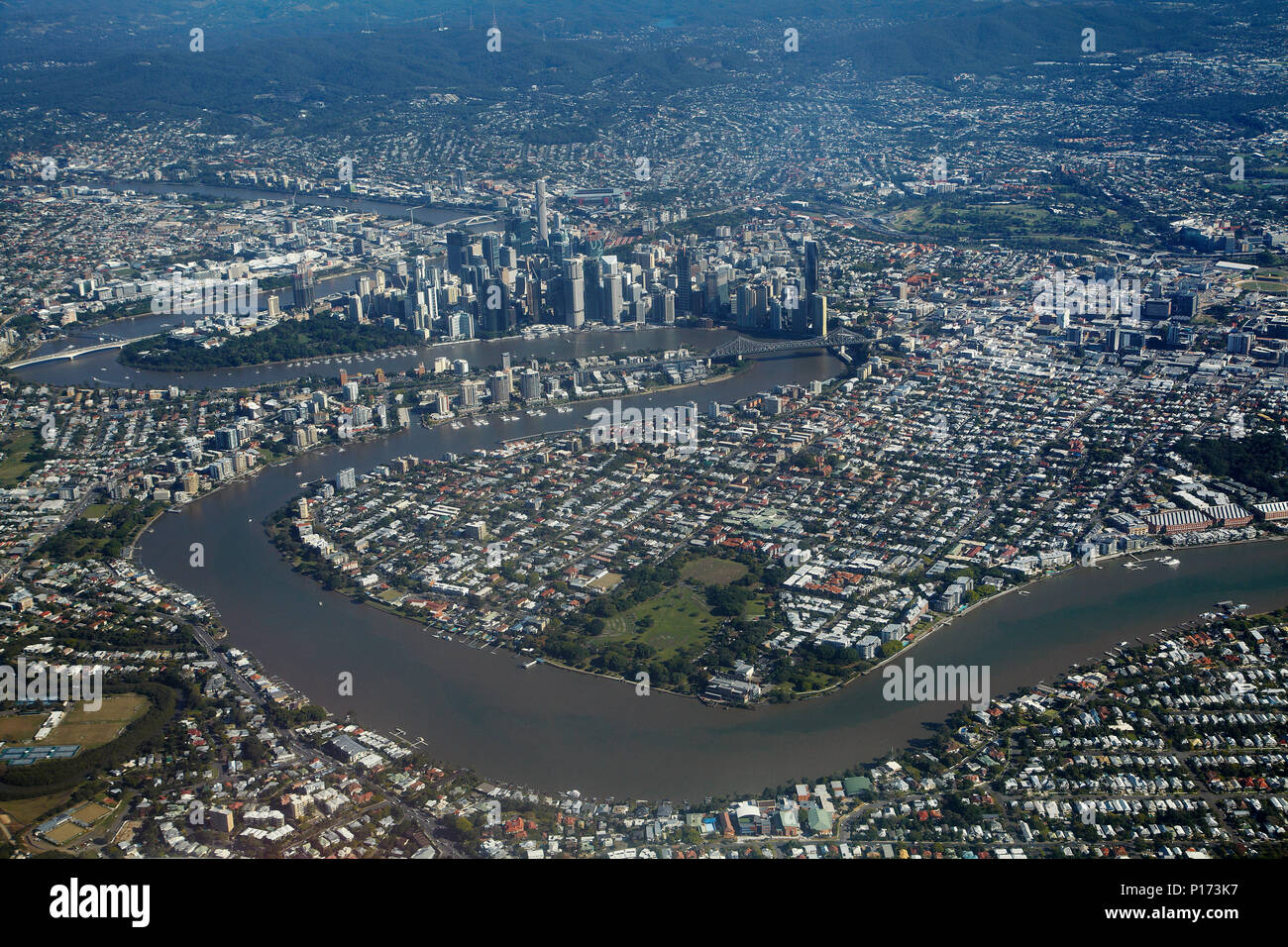 Brisbane River und Brisbane CBD, Queensland, Australien - Luftbild Stockfoto