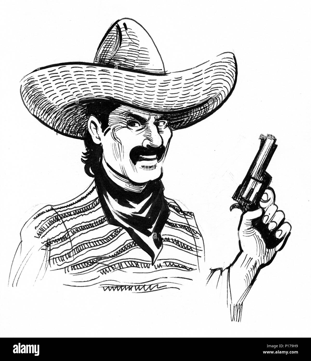 Mexikanische Banditen im Sombrero. Tinte schwarz und weiß Abbildung: Stockfoto