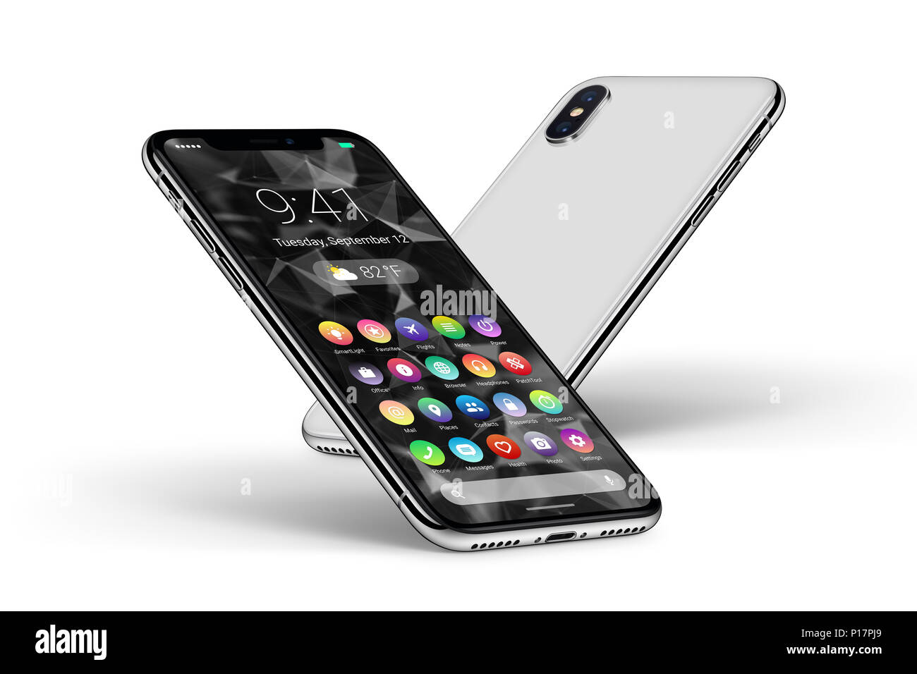 Perspektive weiß Smartphones mit Material design Flachbild UI-Vorder- und Rückseite. Android Handy Konzept. Stockfoto