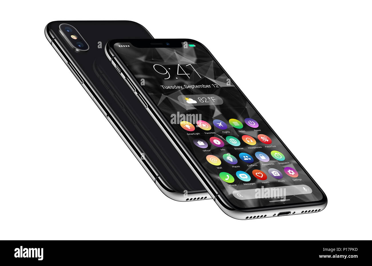 Perspektive Smartphones mit Material design Flachbild UI-Vorder- und Rückseite eines über dem anderen. Android Handy Konzept. Stockfoto