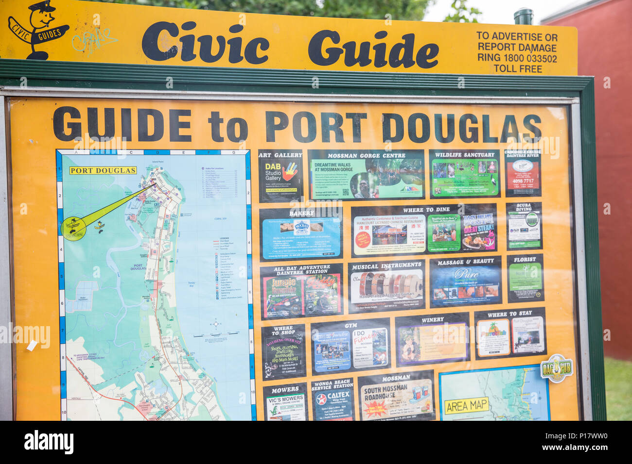Leitfaden für Port Douglas noticeboard im Zentrum der Stadt, Port Douglas, Queensland, Australien Stockfoto