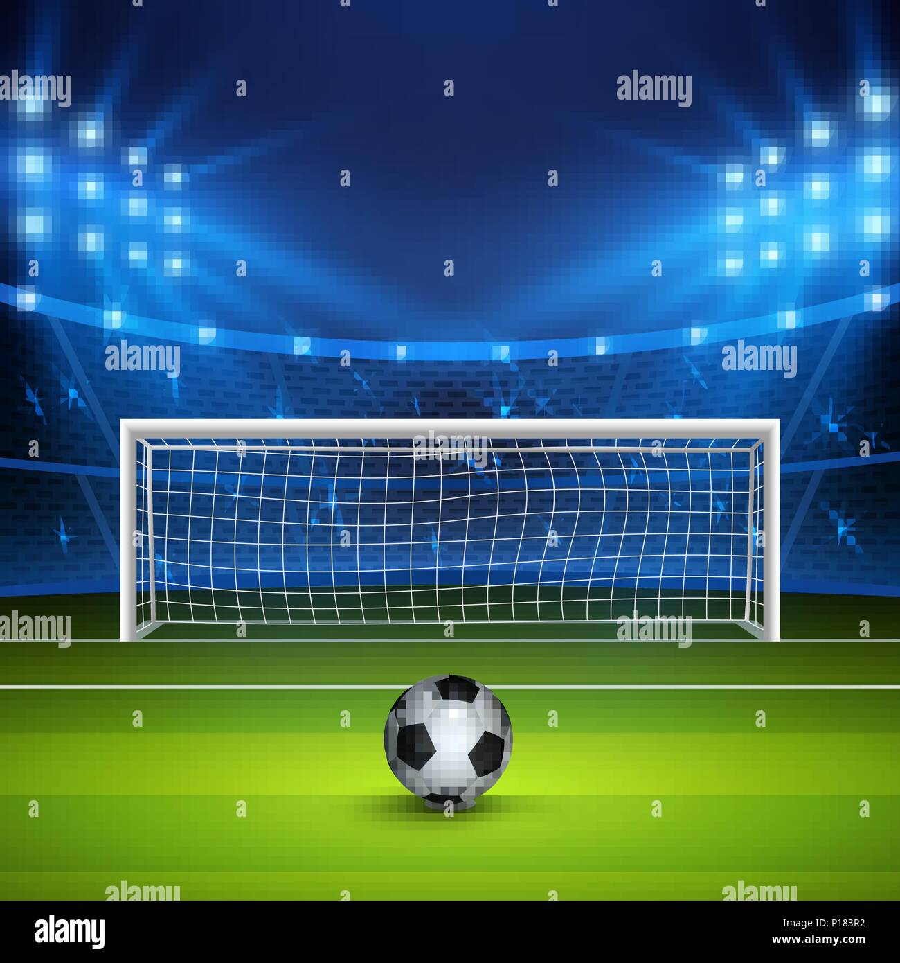 Fußball auf grünen Fußballplatz am Stadion, Arena in der Nacht beleuchtete helle Lampen. Vector Illustration Stock Vektor